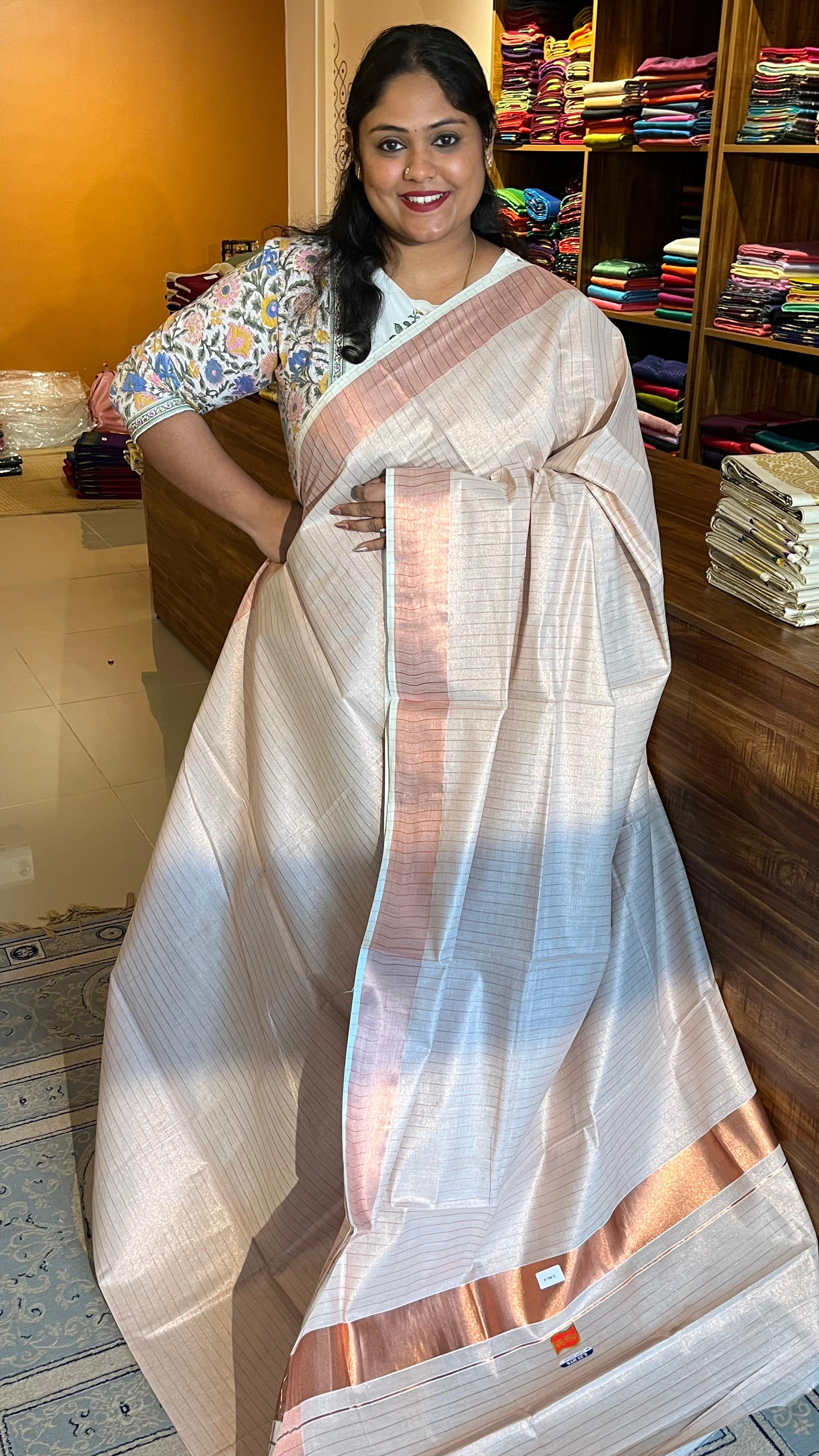 Kerala Cotton Copper stripes Tissue Sarees - Vishu Collection - 01-08-06-02