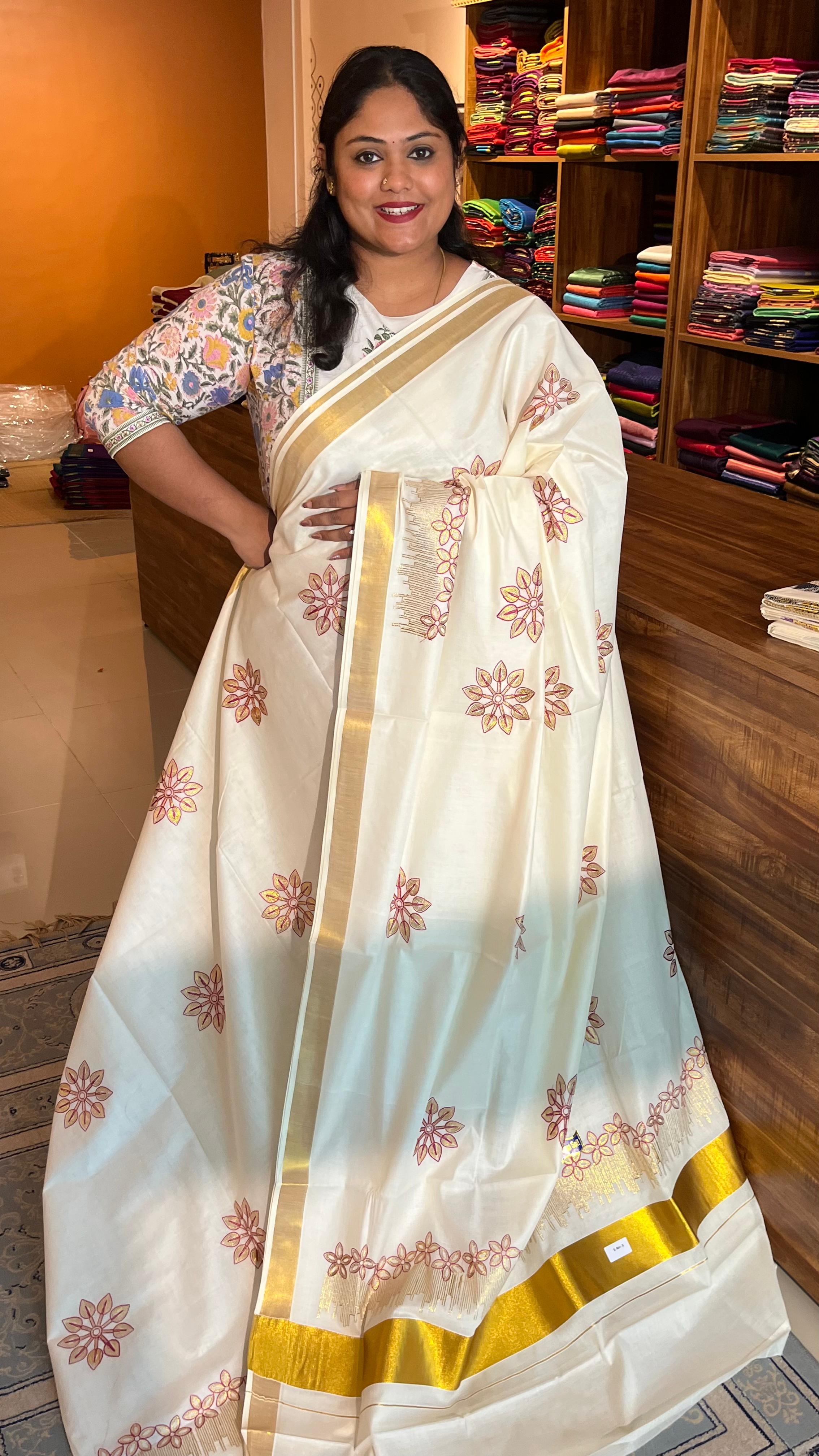 Kerala Cotton Flower embroidery work Saree - Vishu Collection - 01-08-05-07