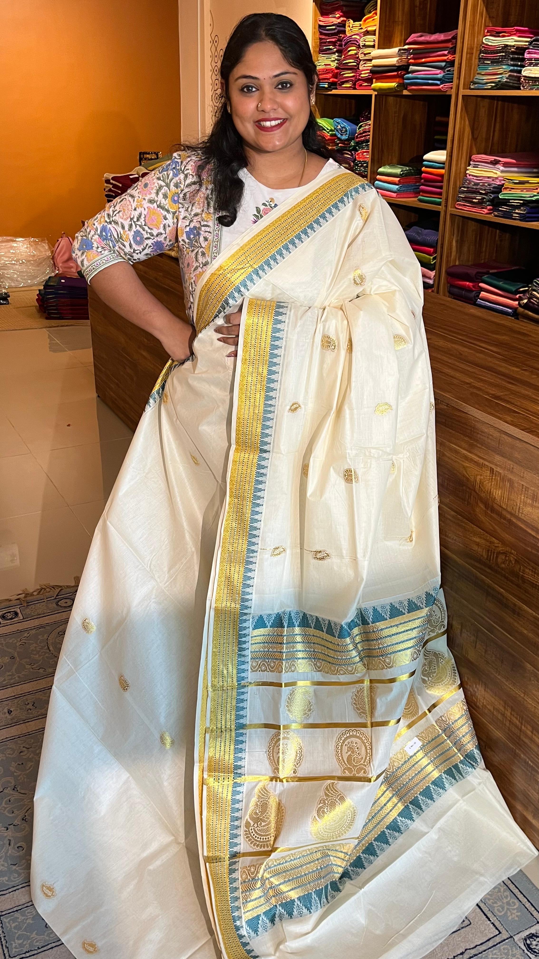 Kerala Cotton Triangle design Saree - Vishu Collection - 01-08-10-02