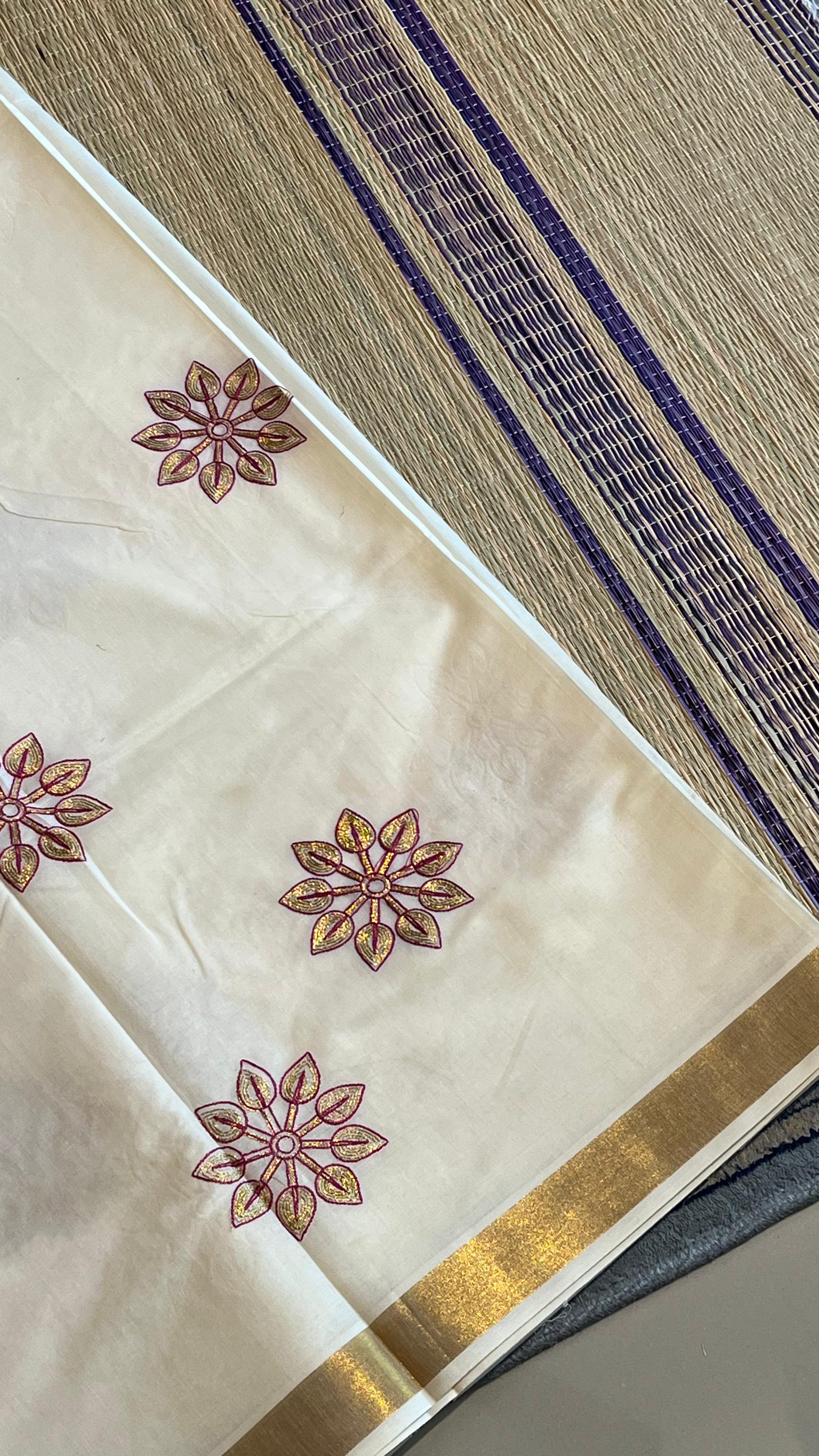 Kerala Cotton Flower embroidery work Saree - Vishu Collection - 01-08-05-07