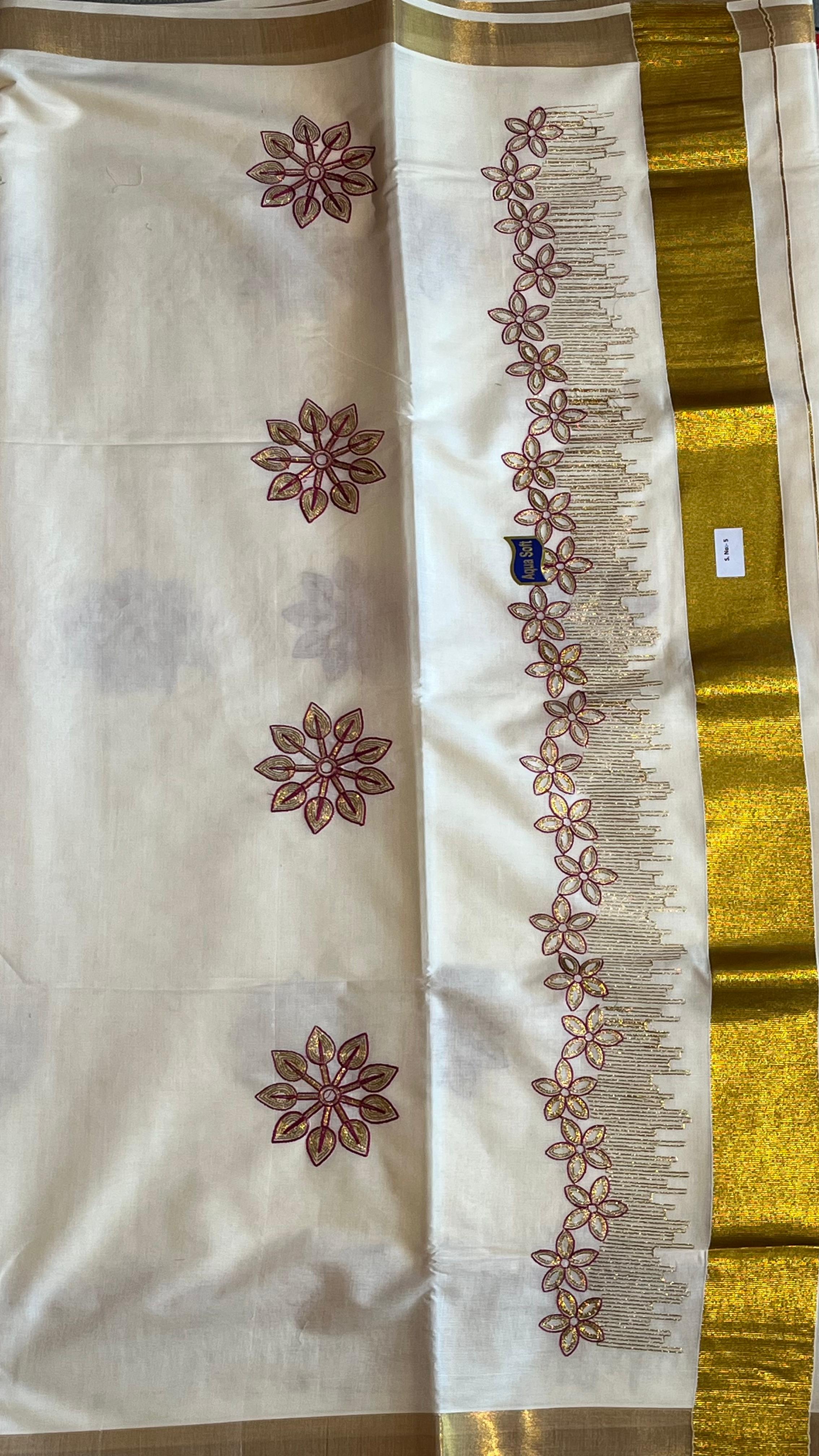 Kerala Cotton Flower embroidery work Saree - Vishu Collection - 01-08-05-07