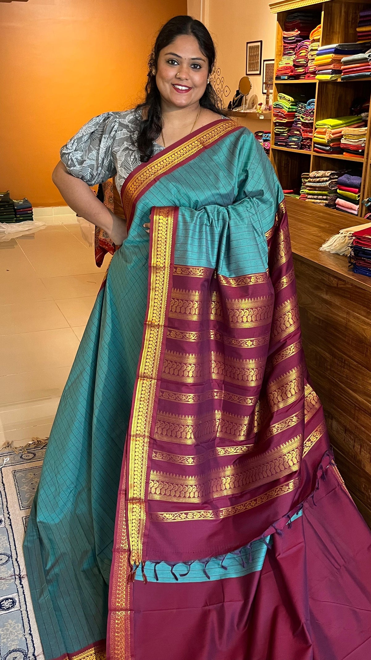 Semi Silk Kattam saree - 01-08B-03-13  (Bluish Green)