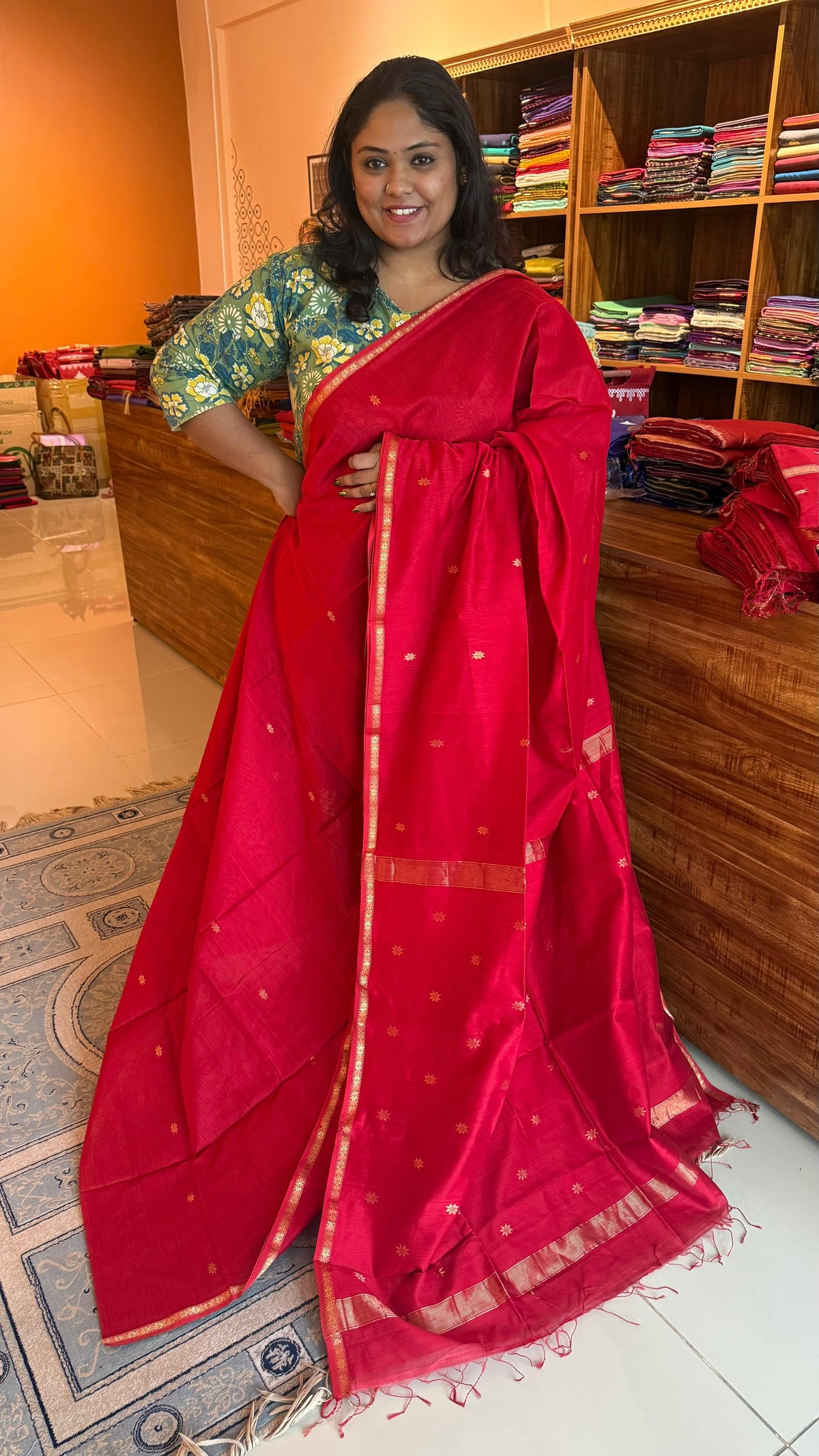 Maheshwari Silk Cotton Star Bhutti Small border Saree - 05-08B-14-03
