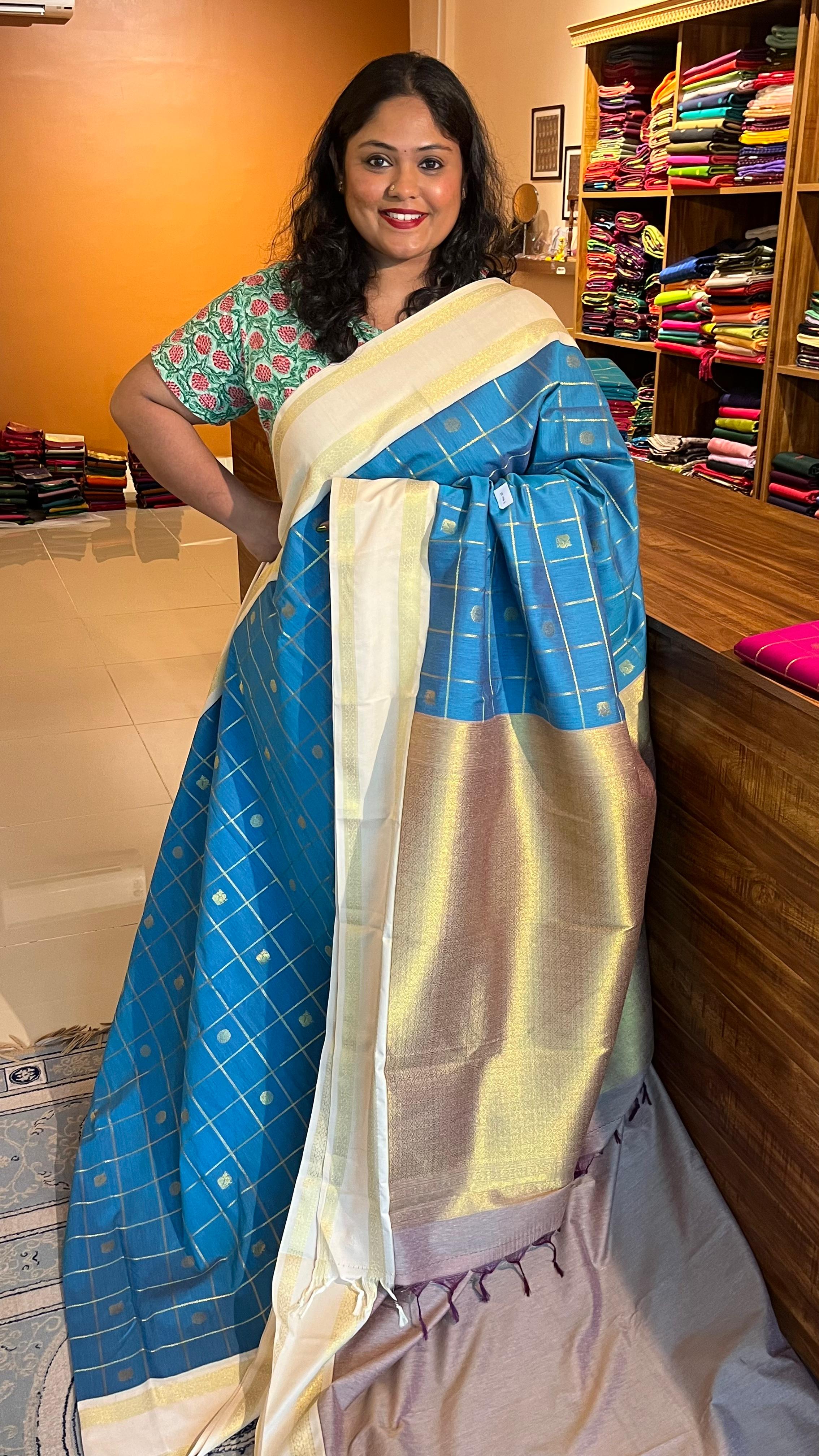 Semi Silk Kattam with bhutta Saree - 01-08B-10-03 (Sky blue)