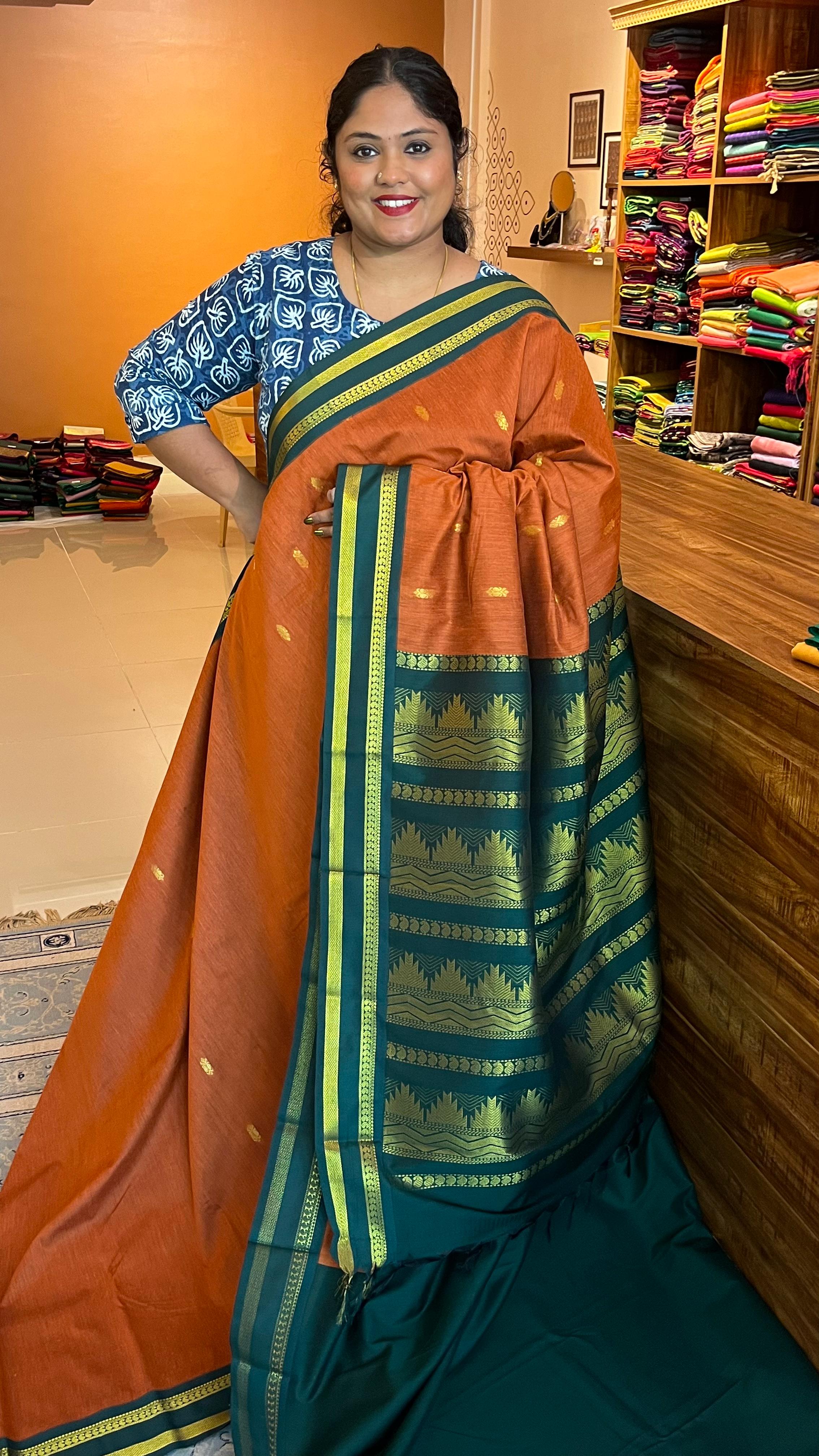Semi Silk Bhutta saree -01-08B-02-54 (Rust Orange Green)