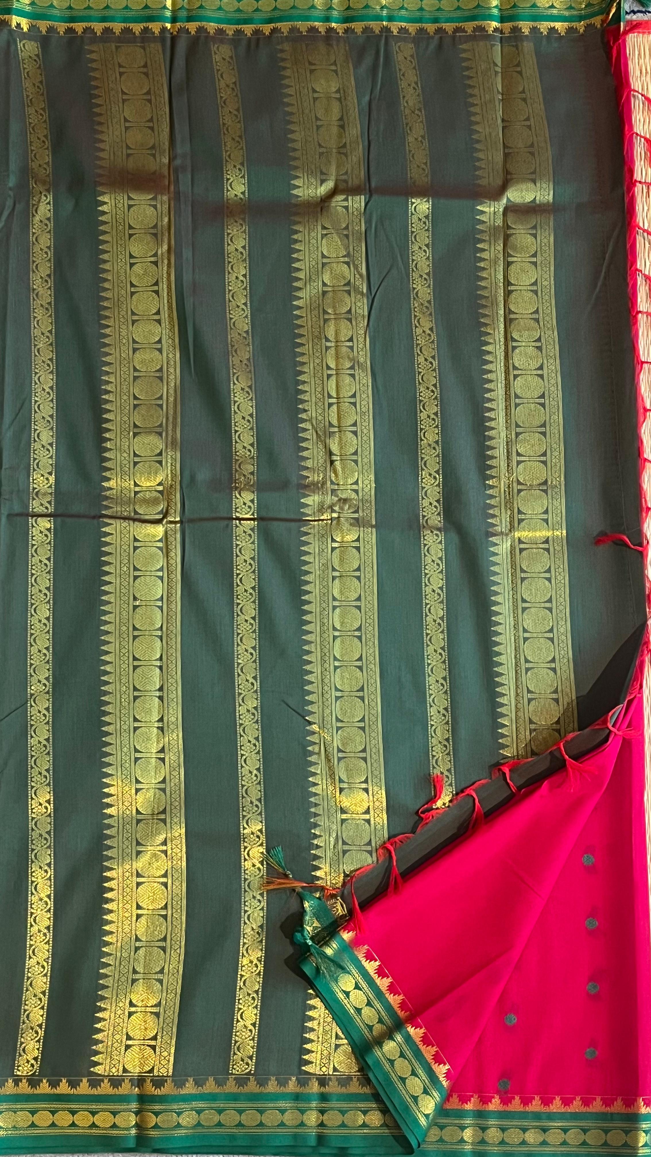 Semi Silk Bhutta Saree -01-08B-02-15 (Fuschia Green)