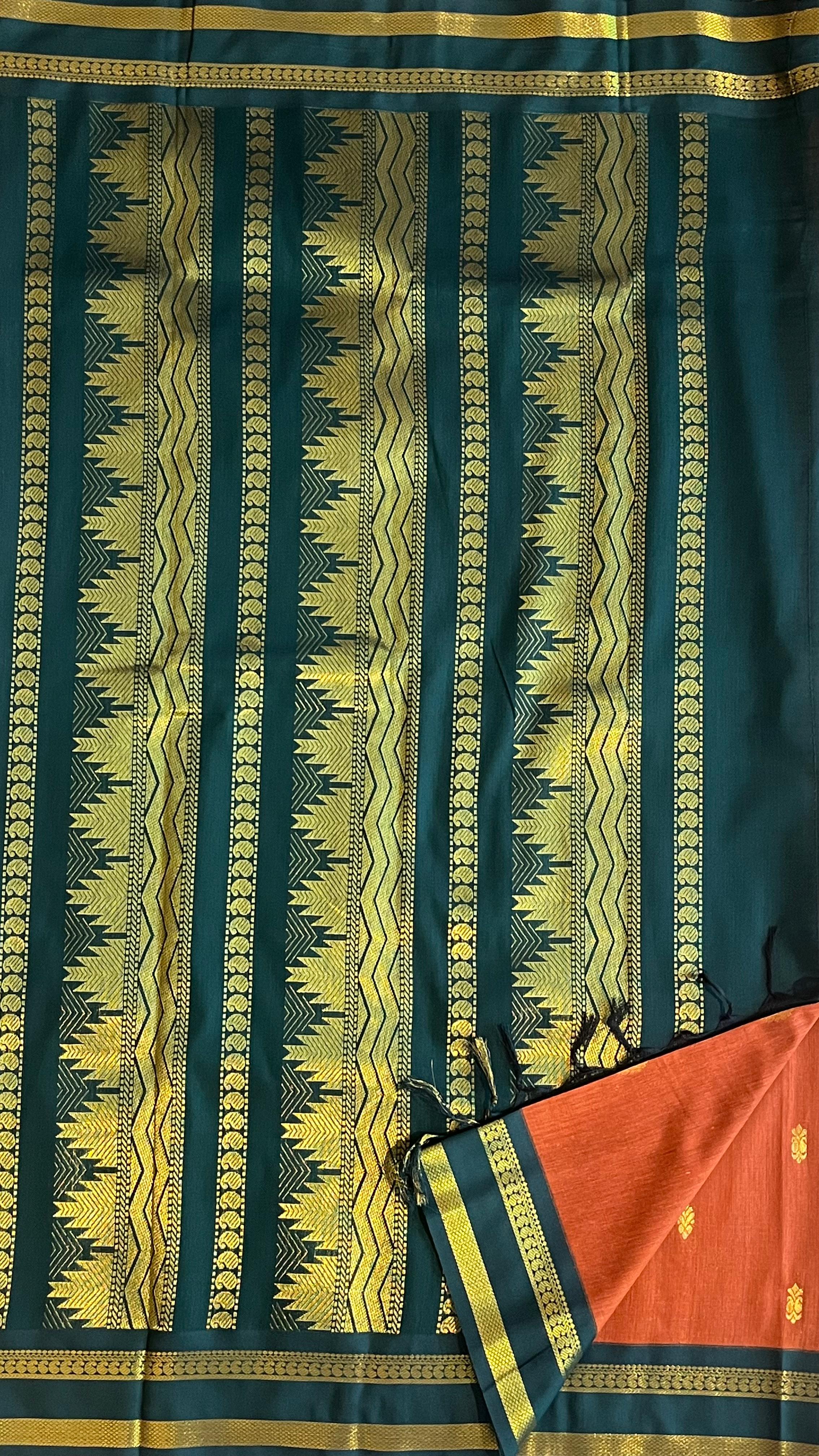 Semi Silk Bhutta saree -01-08B-02-54 (Rust Orange Green)