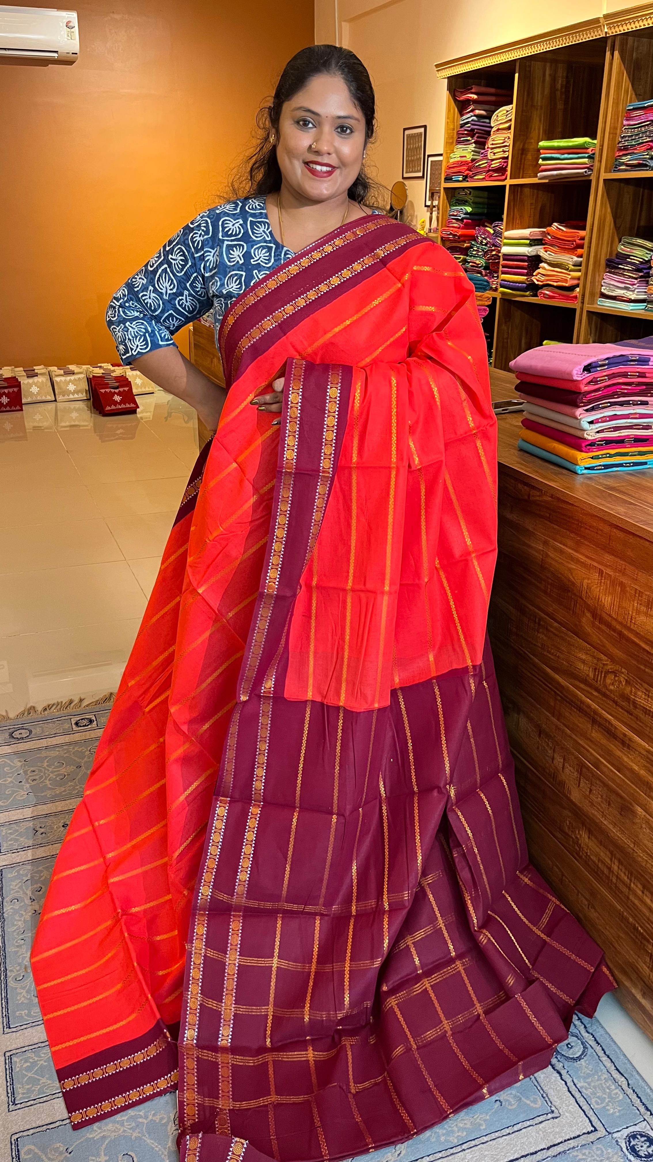Madurai cotton veldhari saree - 11-09-14-6.3/4-04 (Fiery Orange with Maroon)