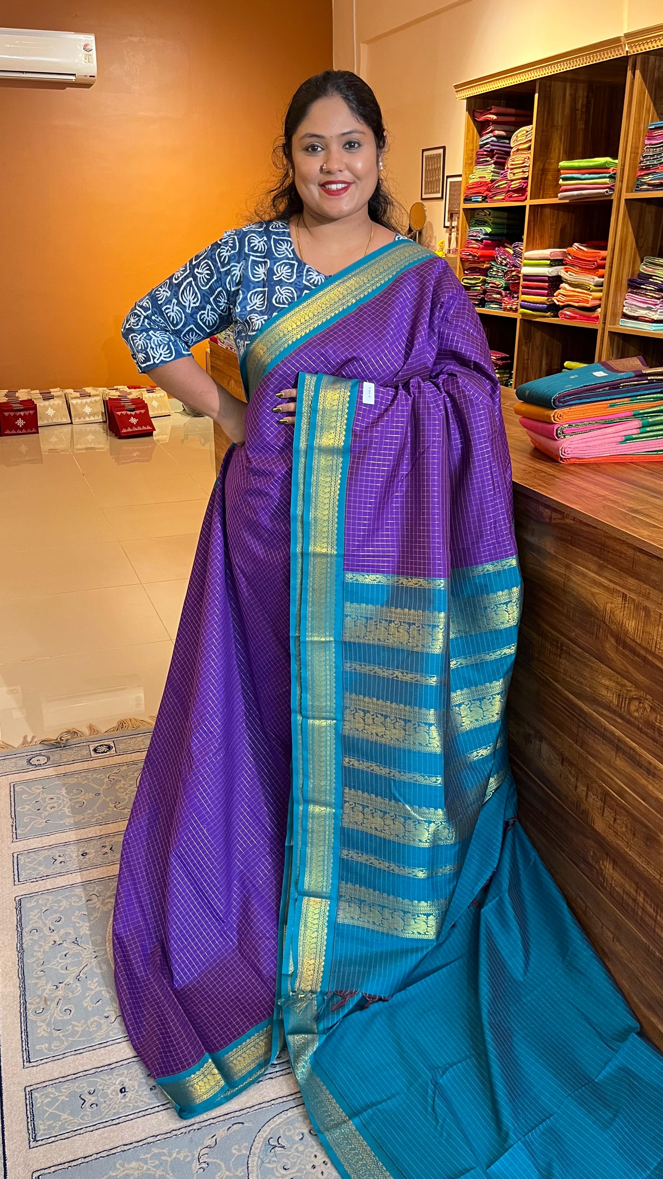 Semi silk kattam saree - 01-08B-08-04 (Violet with Blue  colour)