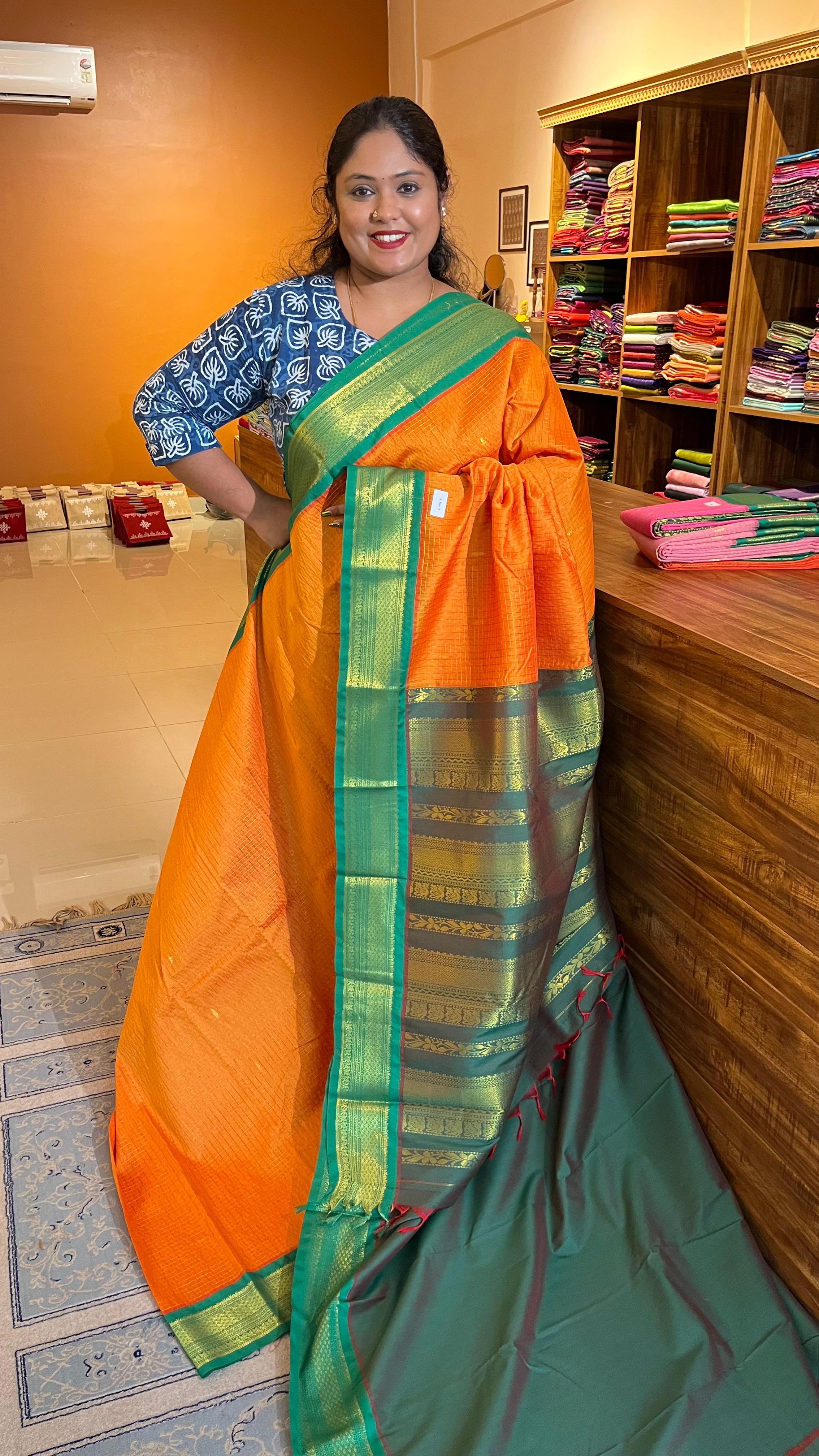 Semi silk kattam saree -01-08B-07-01 (Yellow with Leaf Green)