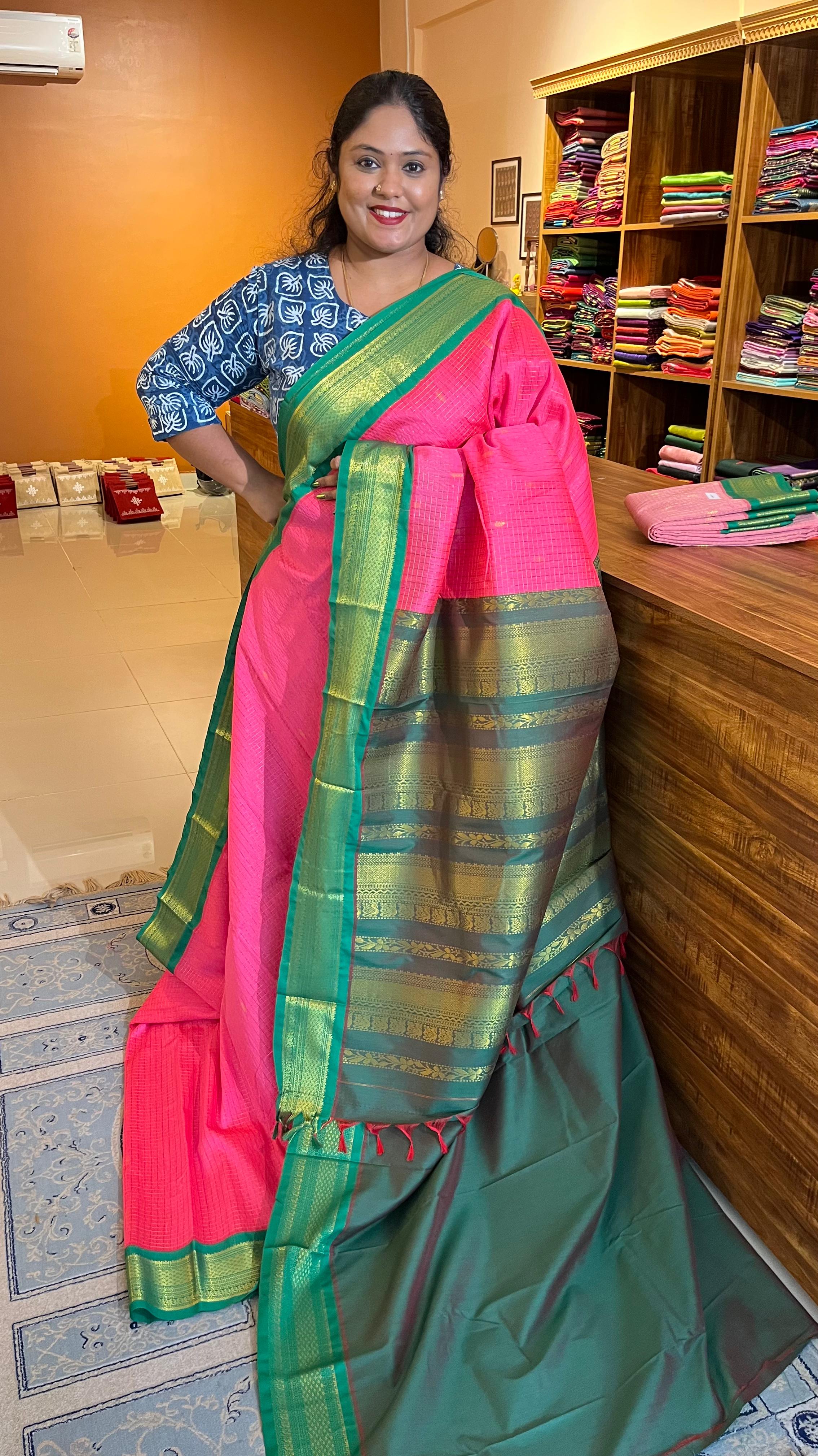 Semi silk kattam saree - 01-08B-07-16 (Candy Pink with Leaf Green)