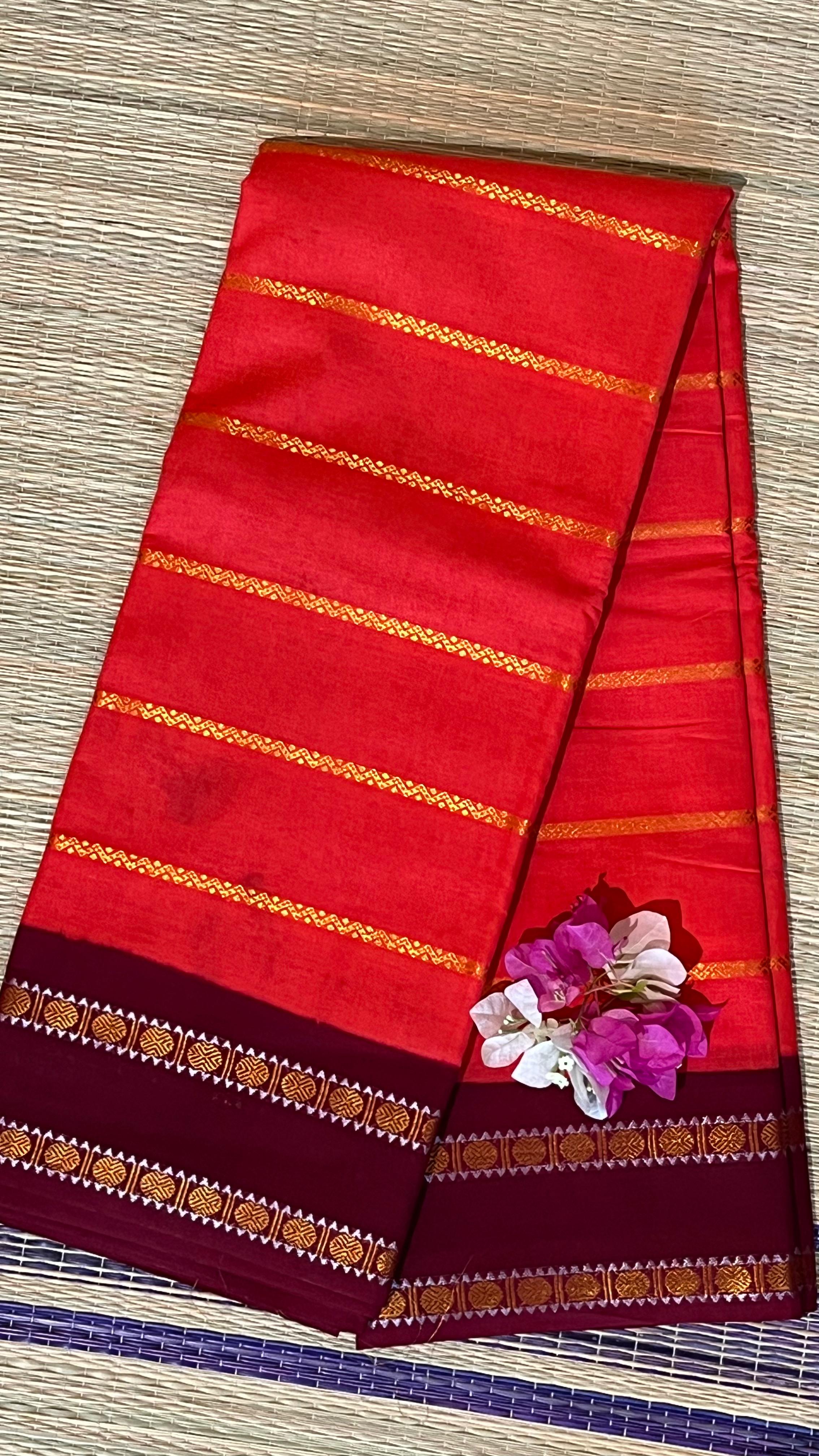 Madurai cotton veldhari saree - 11-09-14-6.3/4-04 (Fiery Orange with Maroon)