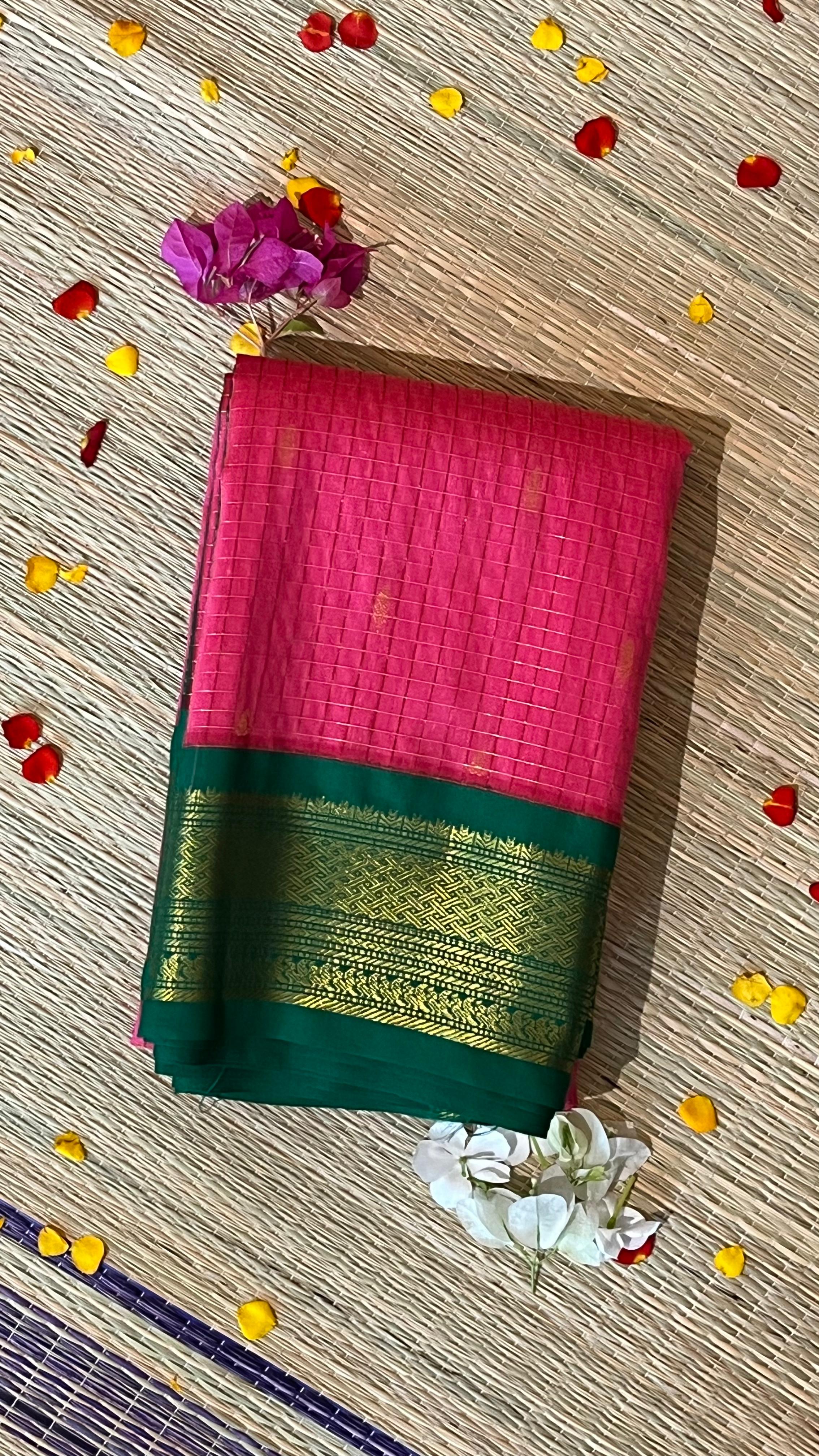 Semi silk kattam saree - 01-08B-07-16 (Candy Pink with Leaf Green)