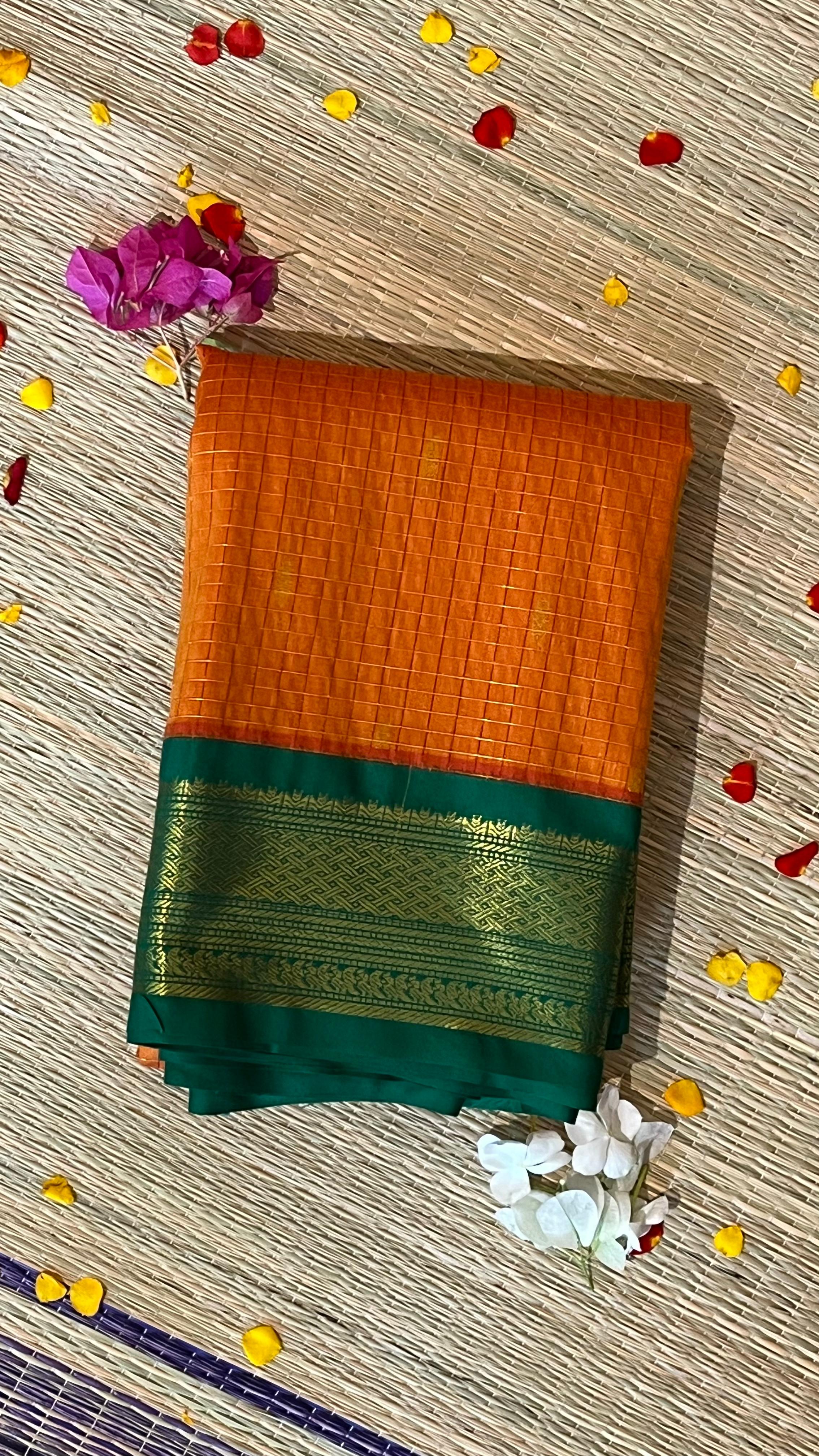 Semi silk kattam saree -01-08B-07-01 (Yellow with Leaf Green)