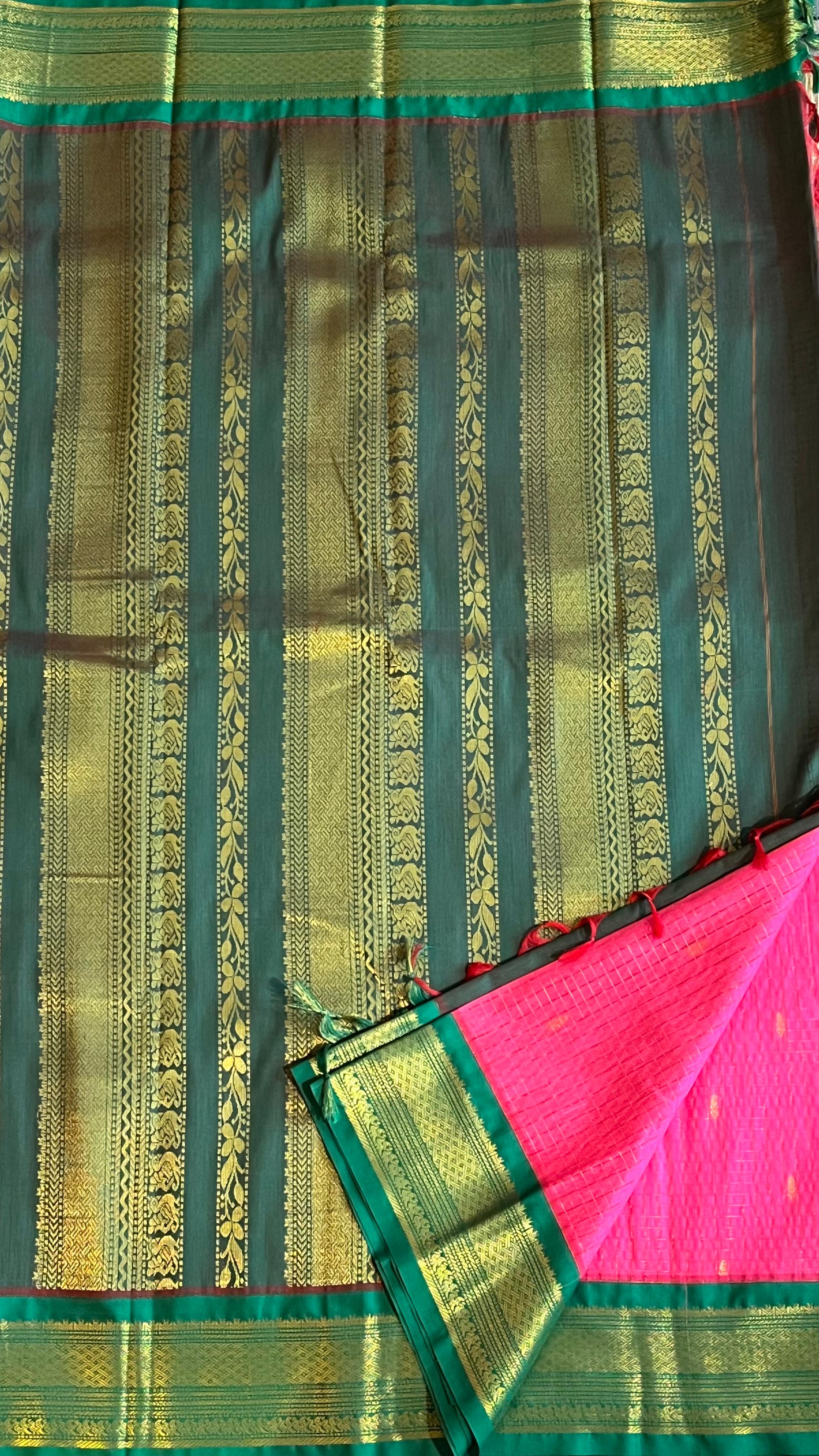 Semi silk kattam saree - 01-08B-07-16 (Candy Pink with Leaf Green)