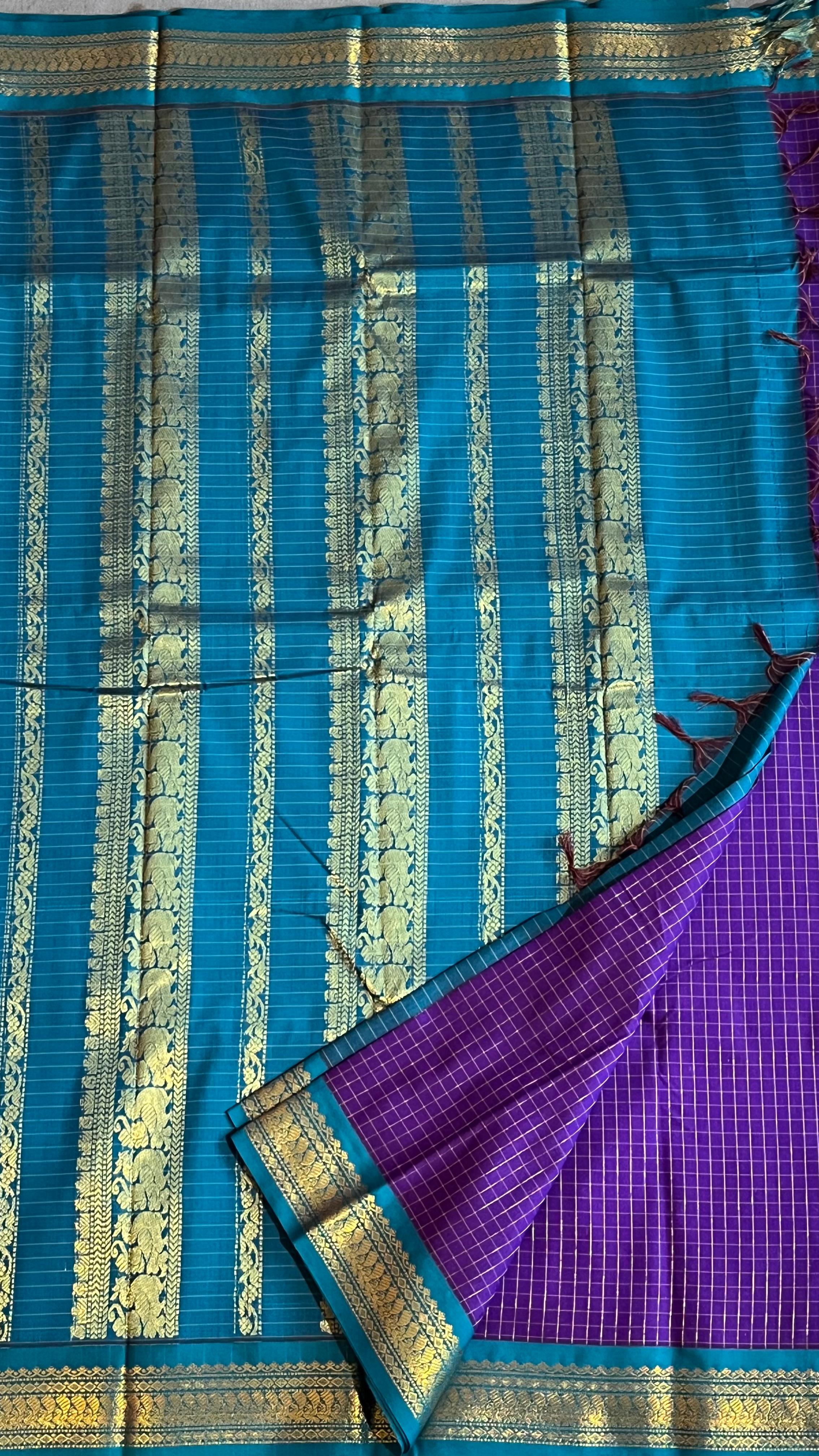 Semi silk kattam saree - 01-08B-08-09 (Violet with Blue  colour)