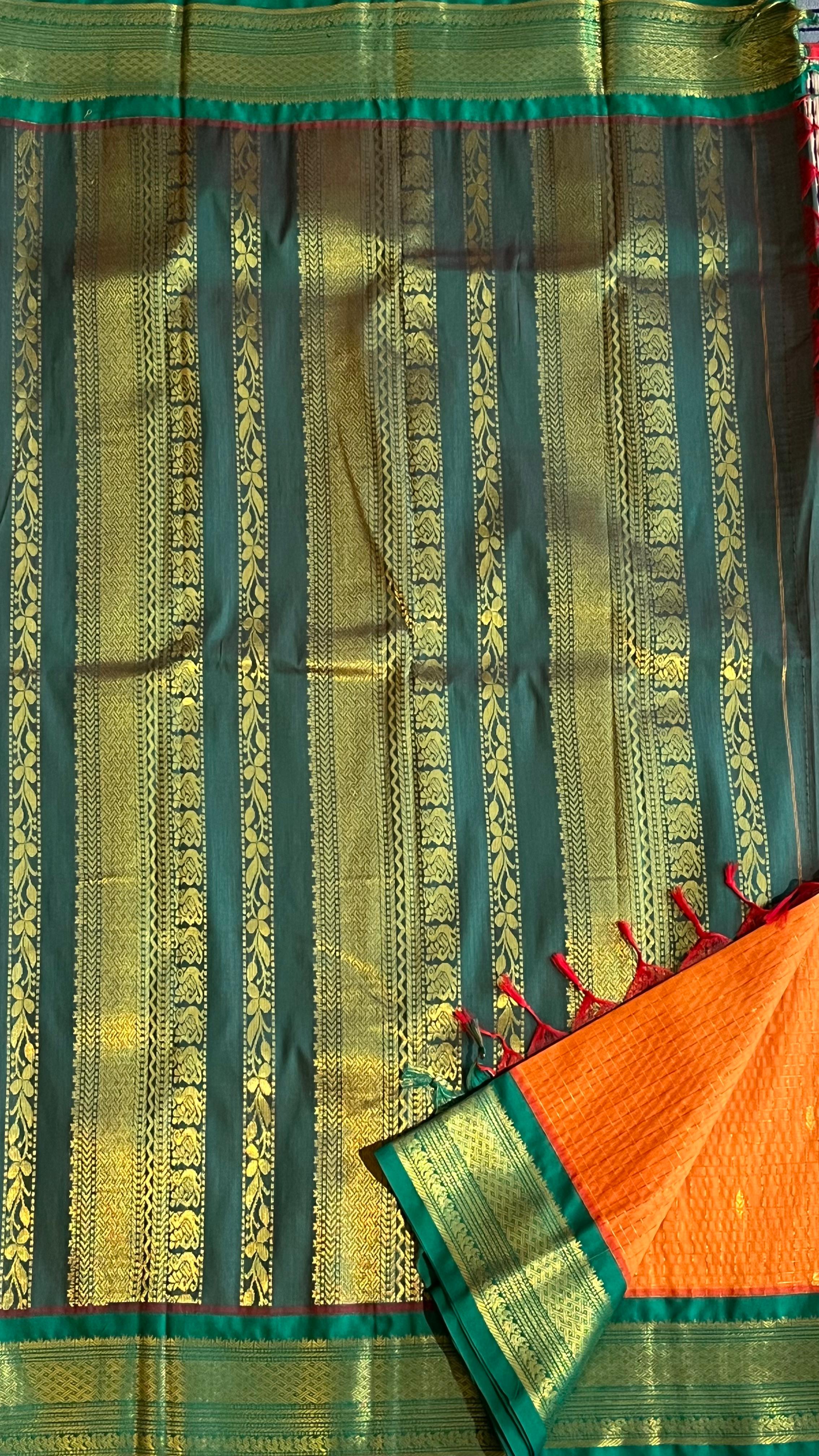 Semi silk kattam saree -01-08B-07-17 (Yellow with Leaf Green)