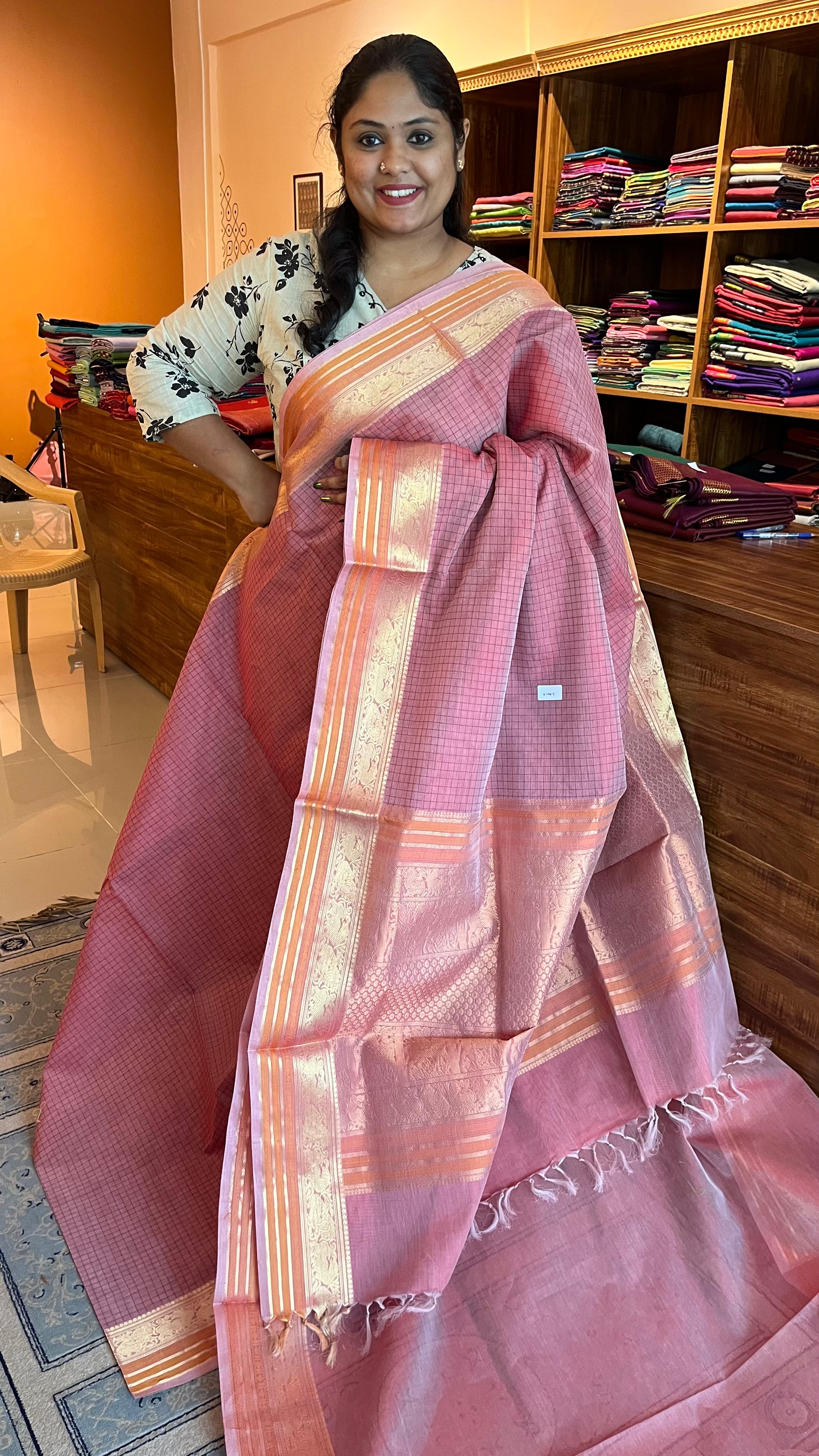 Pure Silk Cotton Podi Kattam Saree - 01-07C-04-10 (Powder Pink and Gold)