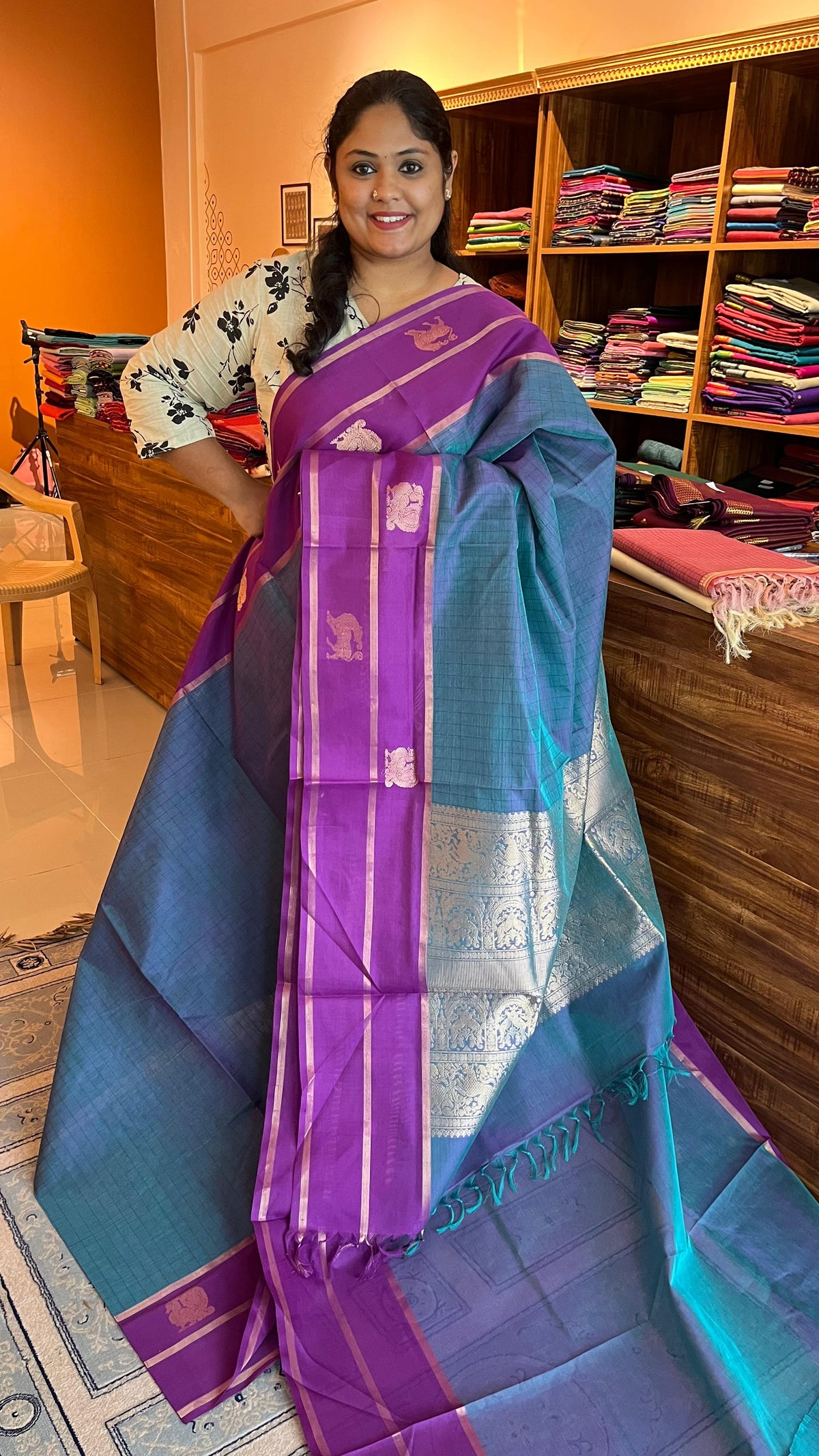 Pure Silk Cotton Kattam Saree - Dual tone (Mix of blue, green and shot of purple) 01-07C-05-03