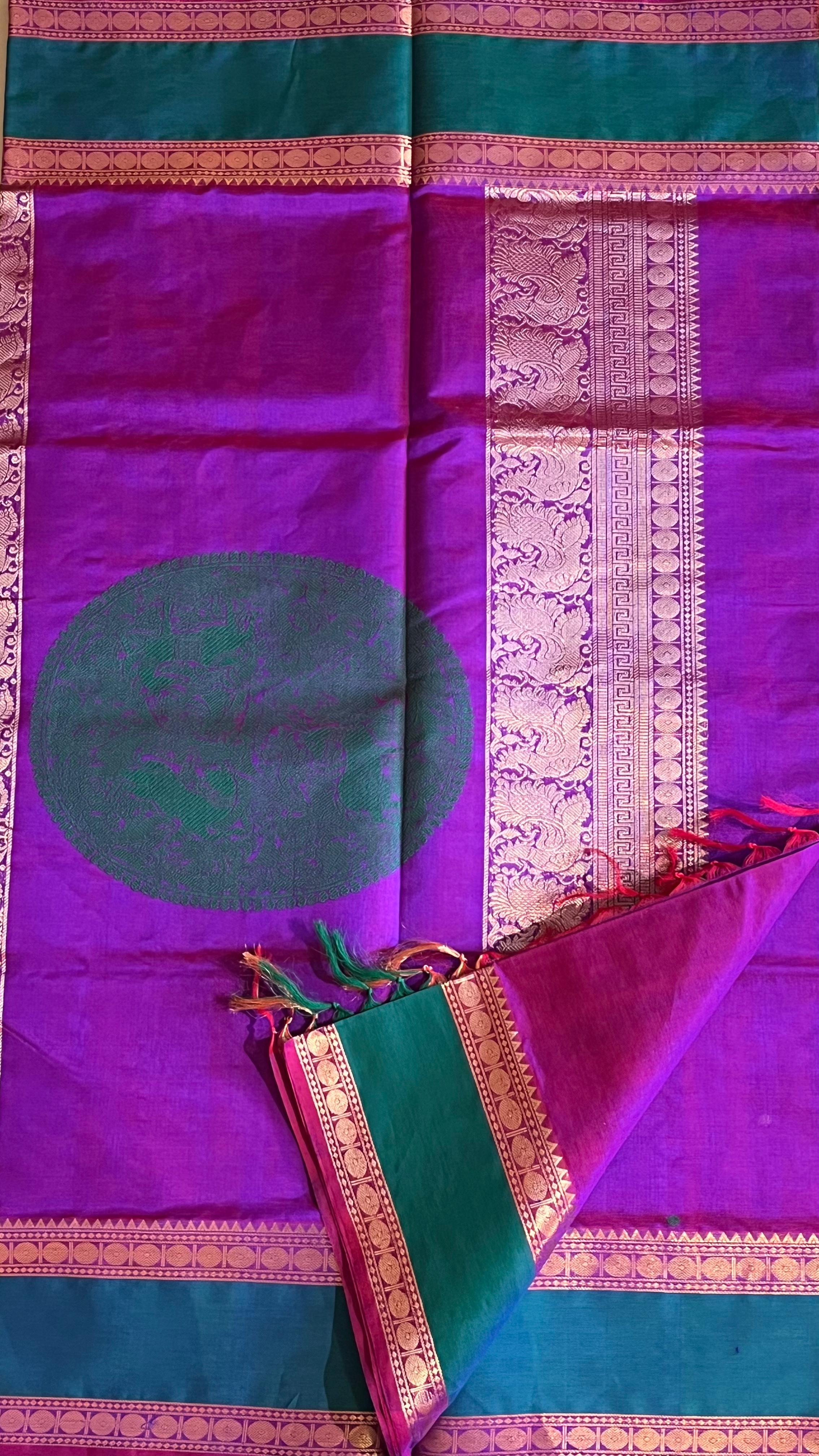 Pure Kanchivaram Silk Cotton Saree - 01-07C-03-02 (Meganta with Teal green )