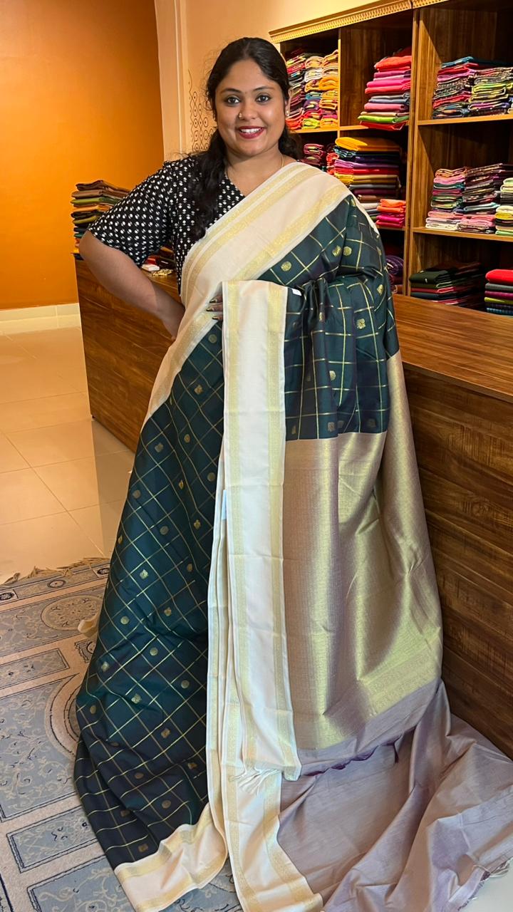 Semil Silk Kattam Saree - 01-09B-08-20 (Bottle Green with white)