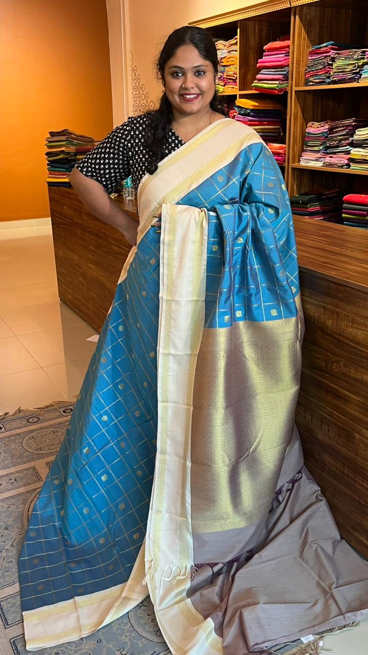 Semil Silk Kattam Saree - 01-09B-08-17 (Light Blue with white)