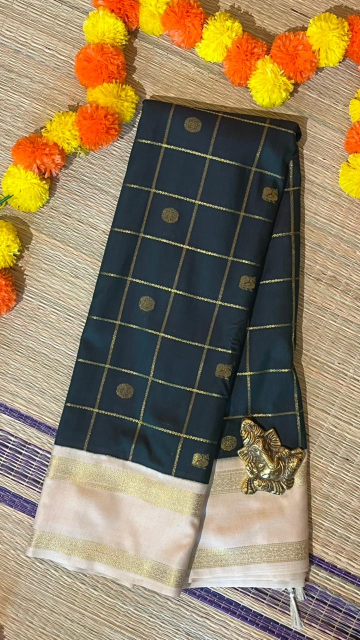 Semil Silk Kattam Saree - 01-09B-08-20 (Bottle Green with white)