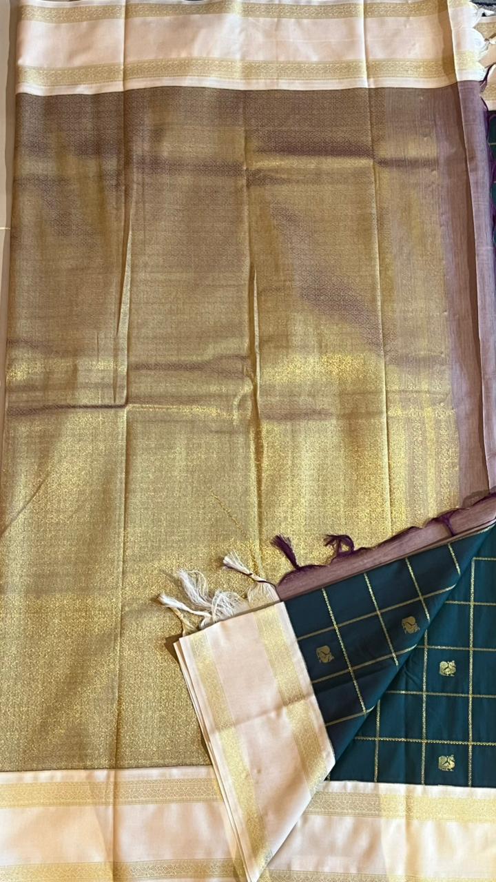 Semil Silk Kattam Saree - 01-09B-08-20 (Bottle Green with white)