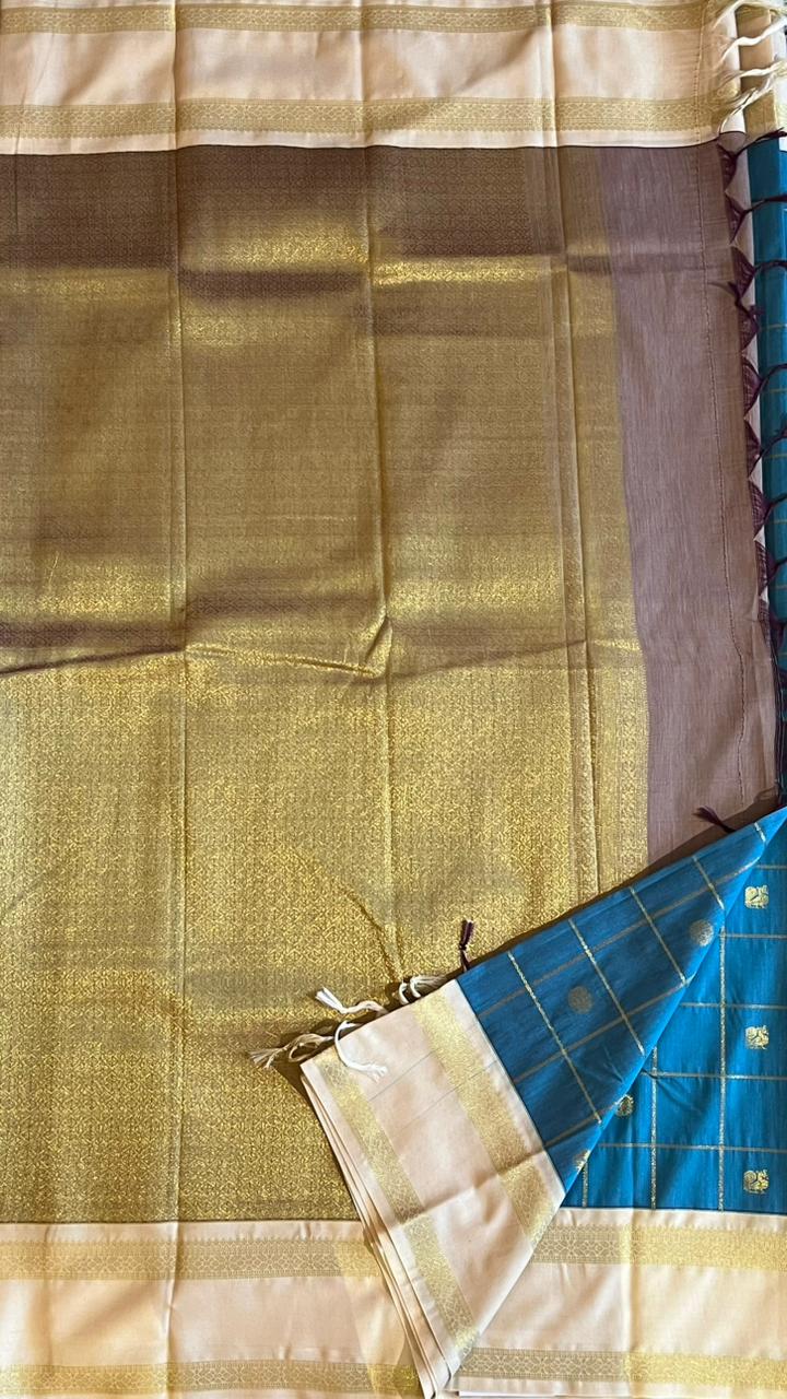 Semil Silk Kattam Saree - 01-09B-08-17 (Light Blue with white)