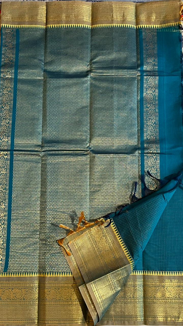 Kanchi Cotton Vintage Podi Kattam Saree - 01-09B-05-02 (Ramar Blue)