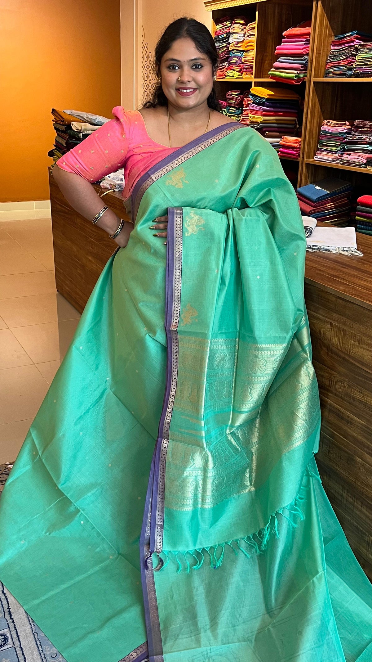 Kanchivaram silk cotton saree - 01-07C-05-04 (Sea Green)