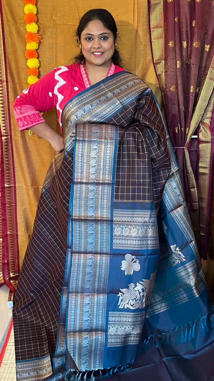 Pure Silk Kancheevaram Sarees - 01-10-13-02 - Coffee brown with blue
