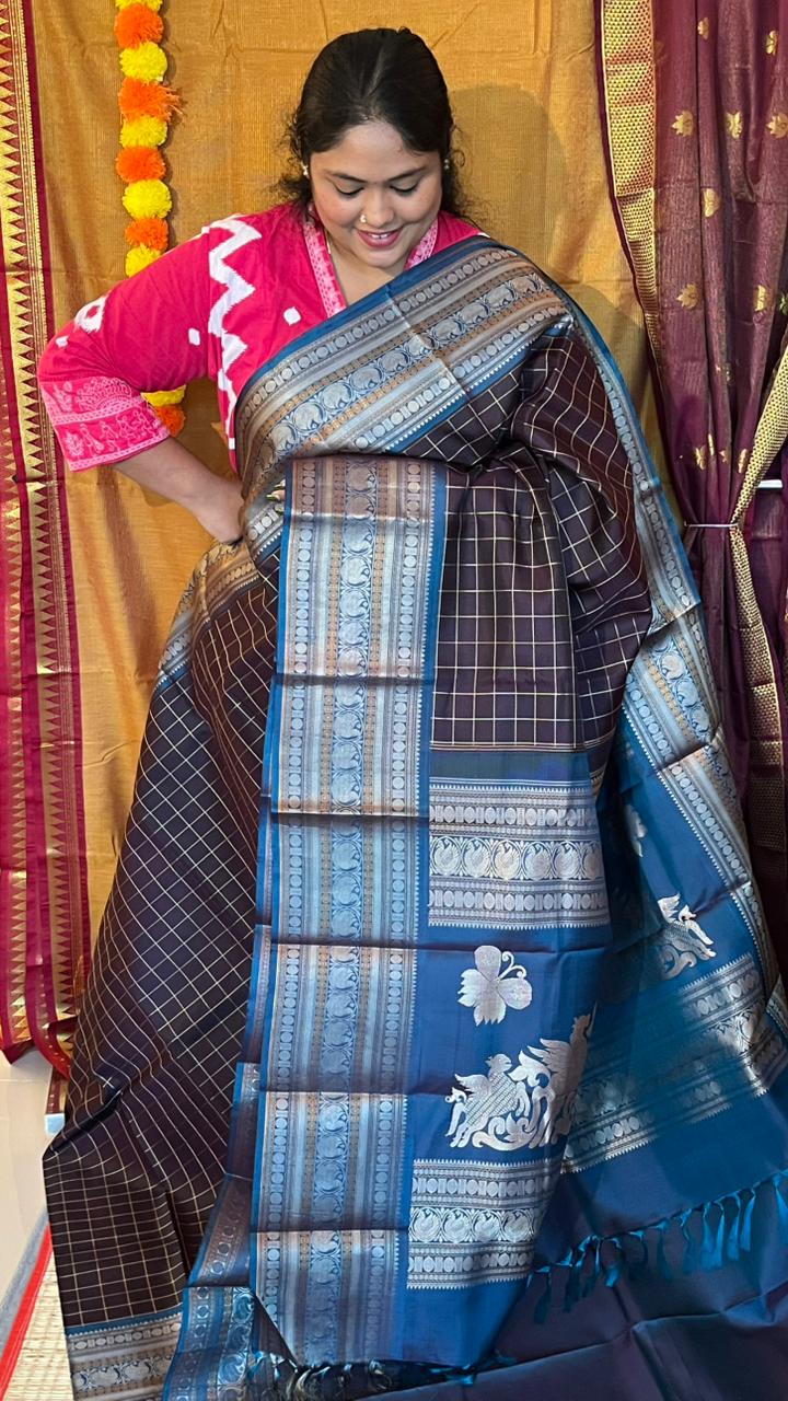 Pure Silk Kancheevaram Sarees - 01-10-13-02 - Coffee brown with blue
