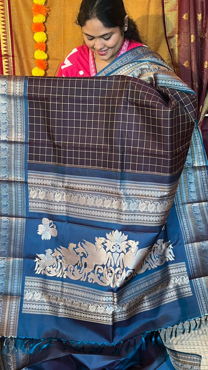 Pure Silk Kancheevaram Sarees - 01-10-13-02 - Coffee brown with blue