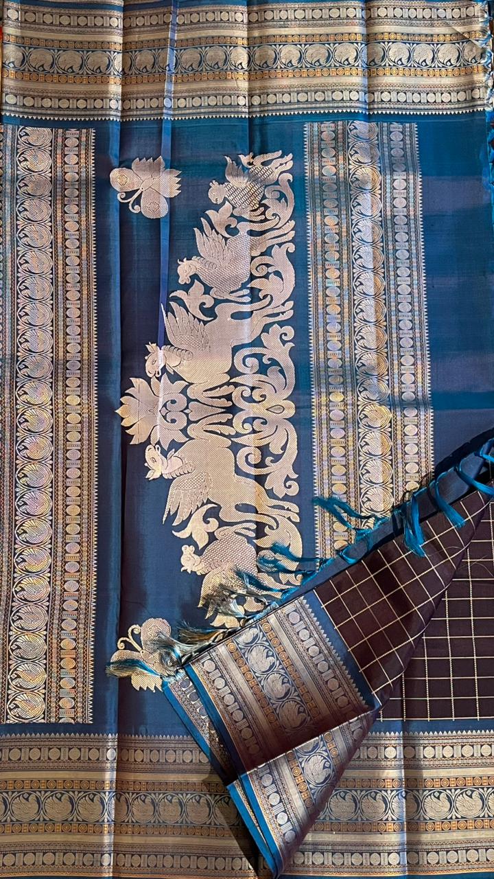 Pure Silk Kancheevaram Sarees - 01-10-13-02 - Coffee brown with blue