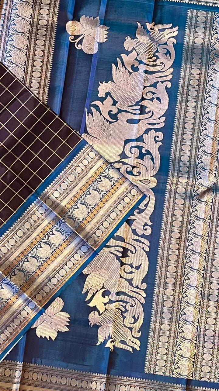 Pure Silk Kancheevaram Sarees - 01-10-13-02 - Coffee brown with blue