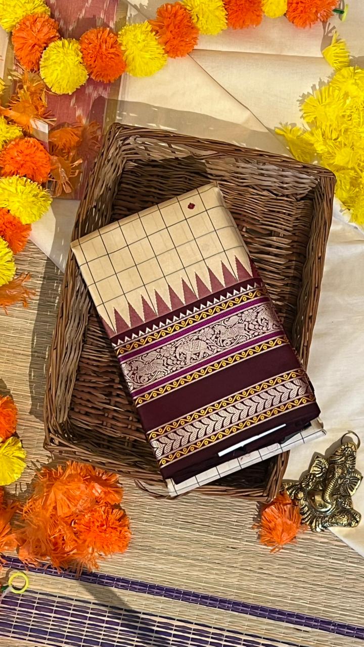 Pure Silk Kancheevaram Sarees - 01-10-16-01 - Half White with Maroon