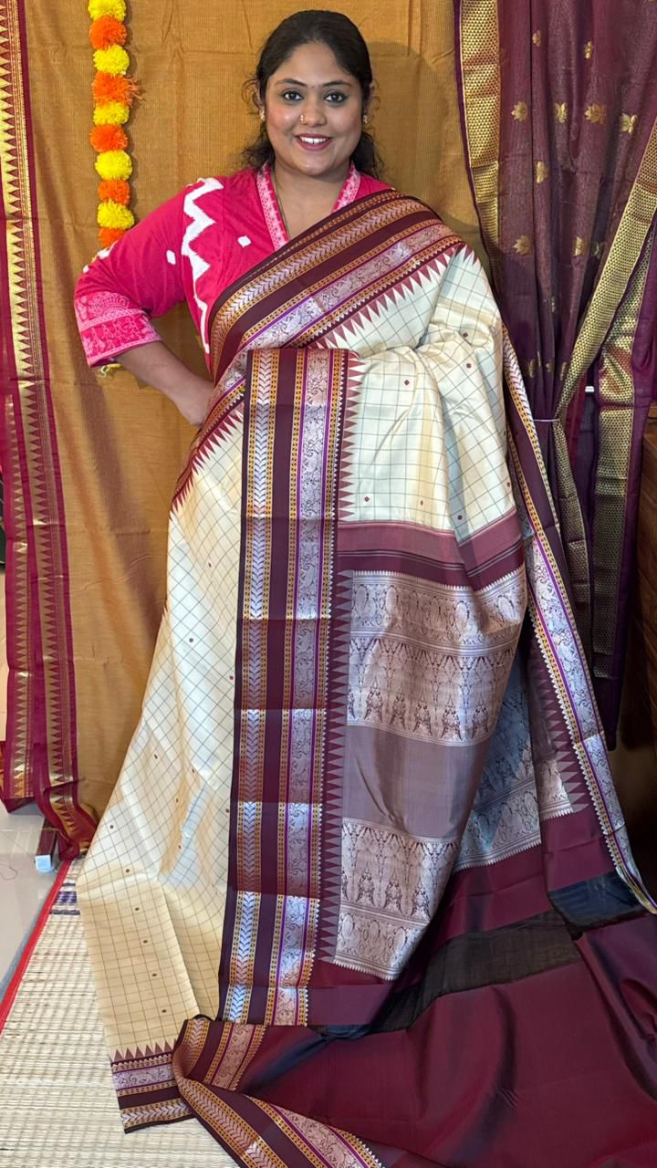 Pure Silk Kancheevaram Sarees - 01-10-16-01 - Half White with Maroon