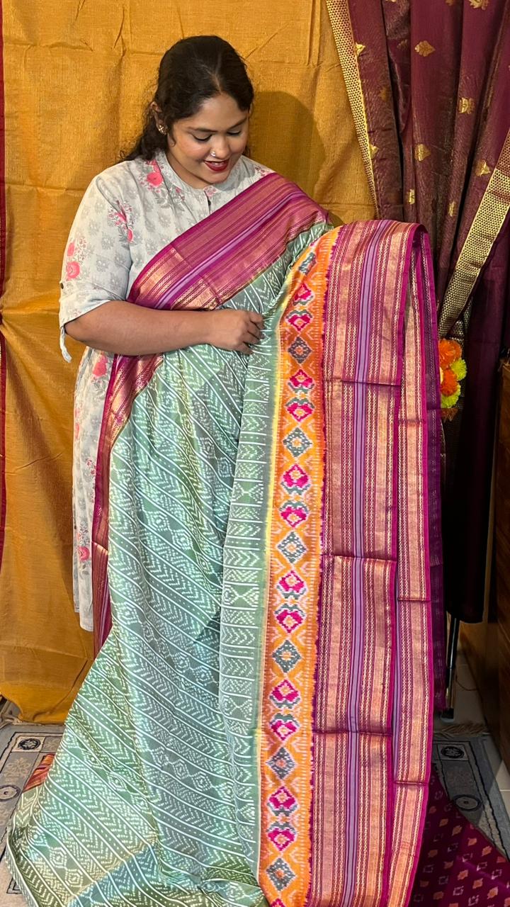 Pochampally Double Ikkat Saree - 01-03-34-PS-02 (Sage Green)