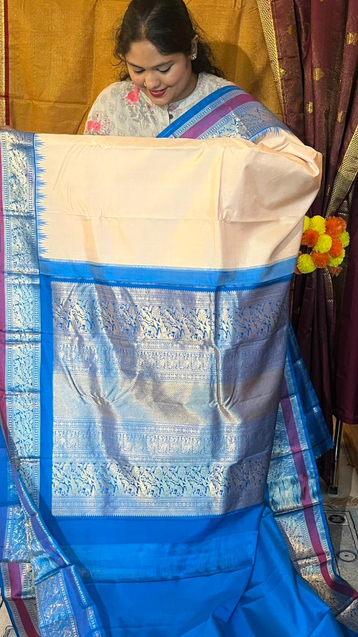 Pure Silk Kancheevaram Saree - 01-10-18-PCS-02 (Half white with Blue)