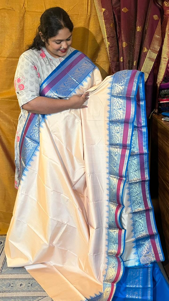 Pure Silk Kancheevaram Saree - 01-10-18-PCS-02 (Half white with Blue)