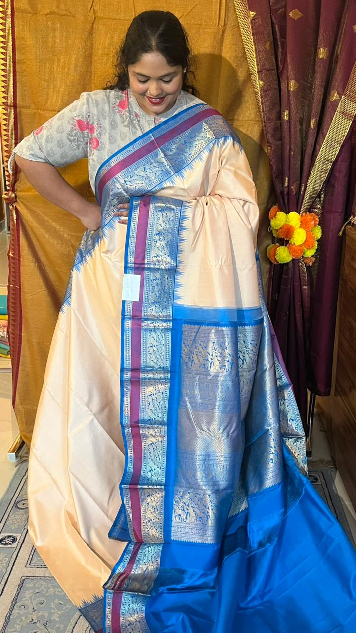 Pure Silk Kancheevaram Saree - 01-10-18-PCS-02 (Half white with Blue)