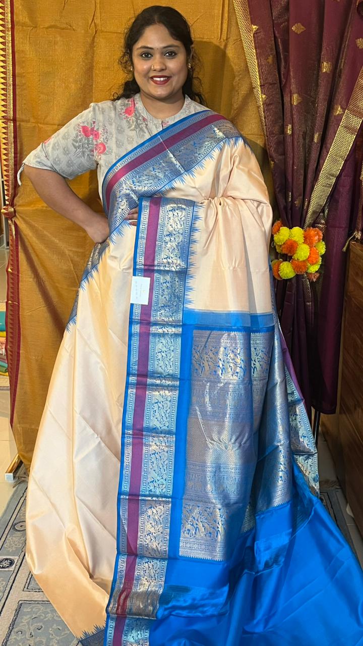Pure Silk Kancheevaram Saree - 01-10-18-PCS-02 (Half white with Blue)
