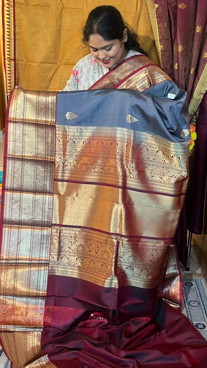 Pure Silk Kancheevaram Saree - 01-10-15-PSC-02 (Grey with Maroon)