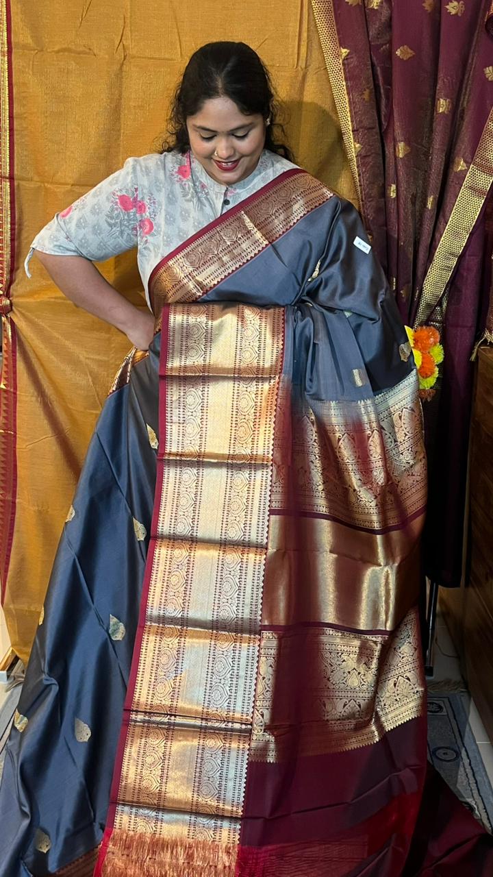 Pure Silk Kancheevaram Saree - 01-10-15-PSC-02 (Grey with Maroon)