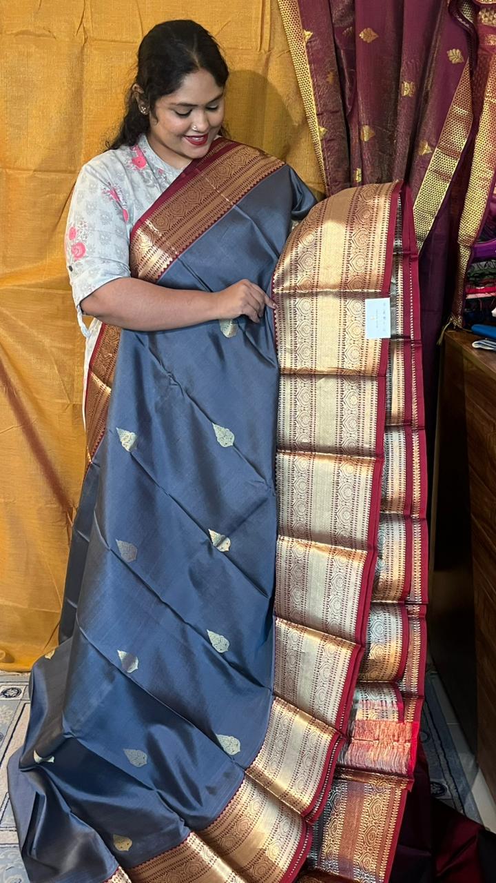 Pure Silk Kancheevaram Saree - 01-10-15-PSC-02 (Grey with Maroon)
