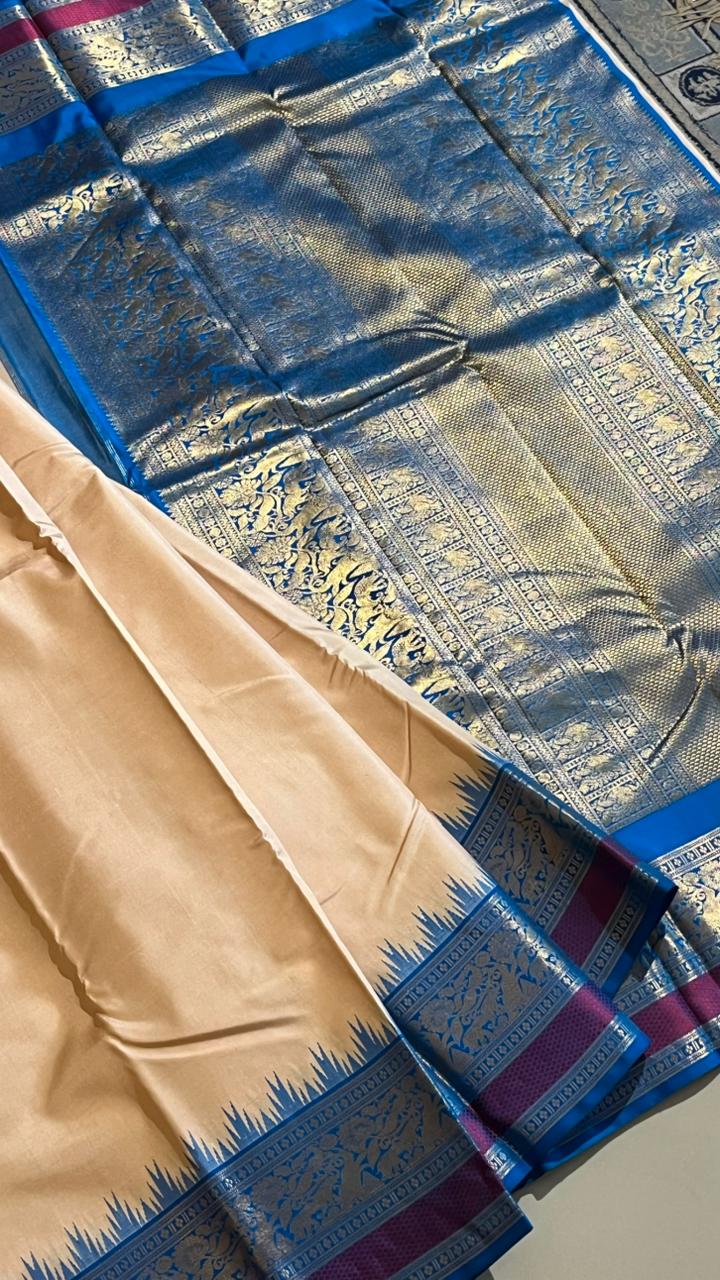 Pure Silk Kancheevaram Saree - 01-10-18-PCS-02 (Half white with Blue)