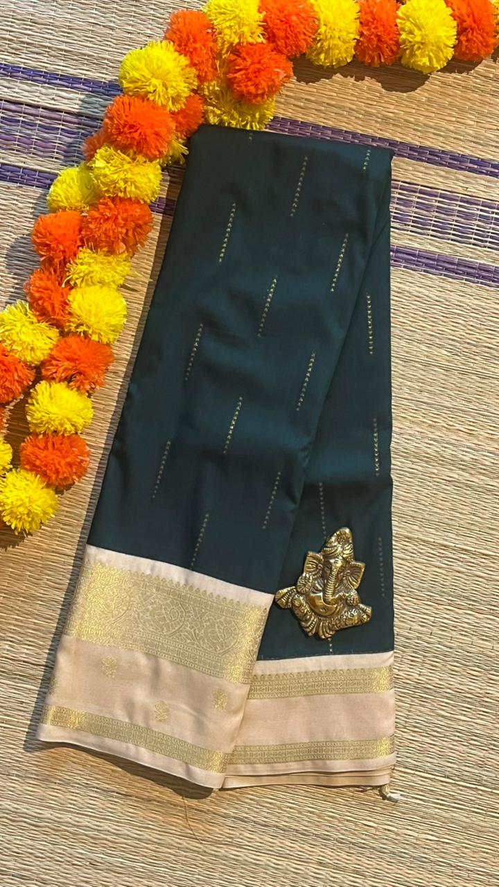 Semi silk Half White Border Saree - 01-09B-09-01 (Dark Green)