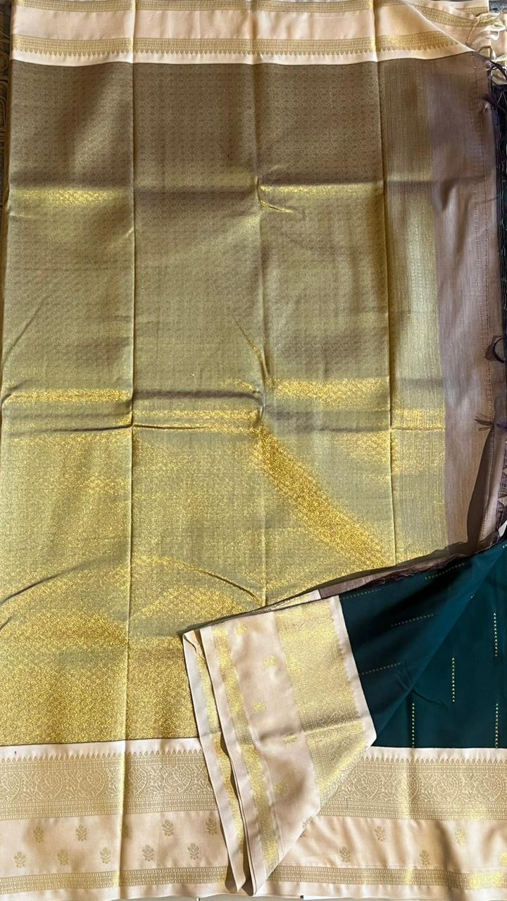 Semi silk Half White Border Saree - 01-09B-09-01 (Dark Green)