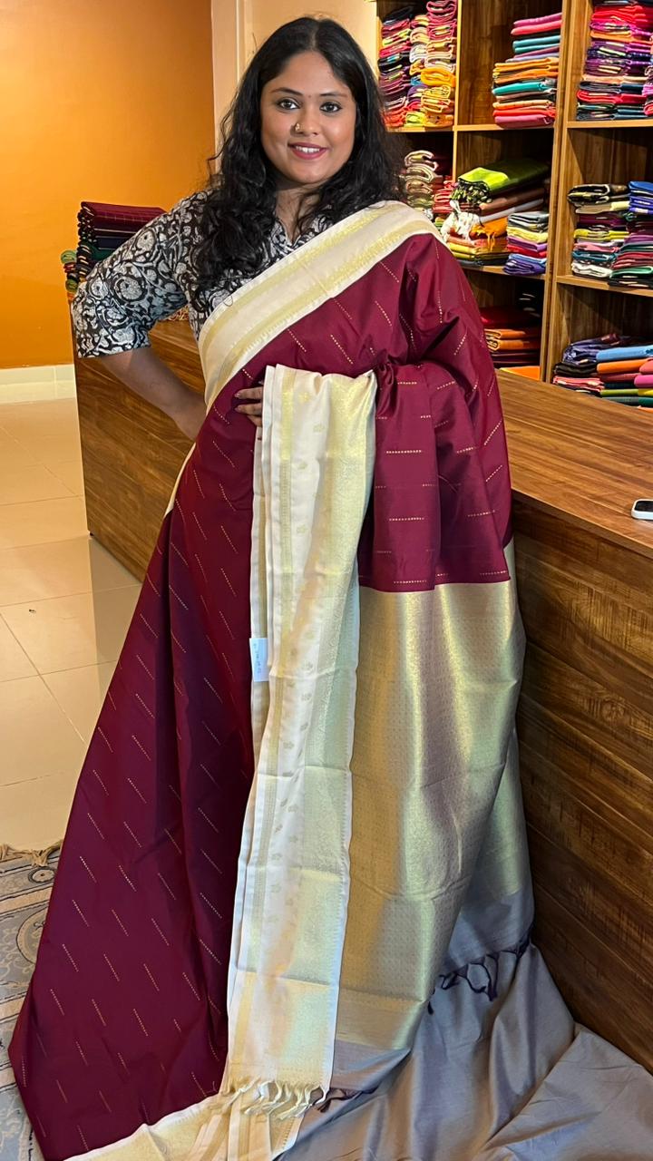 Semi silk Half White Border Saree - 01-09B-09-02 (Maroon)